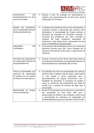 Levantamento
dos
empreendimentos da feira
livre de Casa Nova

• Durante o mês, foi realizado um levantamento e
cadastro dos empreendimentos da feira livre. Foram
cadastrados 171 feirantes.

Seleção dos facilitadores
para a Capacitação Massiva
de Empreendedorismo

• A seleção dos facilitadores tinha cunho classificatório e
aconteceu durante a capacitação dos mesmos como
facilitadores. A Coordenação do Projeto solicitou a
Secretaria de Educação do Município indicação e
currículos dos professores das redes municipal e
estadual. No total, receberam capacitação 25
professores, onde desses foram selecionados 10 para
serem os facilitadores da Capacitação.
• O treinamento dos facilitadores ocorreu em momentos
diferentes durante esse mês. Foram divididos em 3
semanas, com total de 15 dias úteis, e carga horária de
120 horas

Capacitação
Facilitadores

dos

Inscrições dos participantes
da Capacitação Massiva de
Empreendedorismo

• Durante a semana de 20 à 24 de maio foram feitas as
inscrições dos participantes da Capacitação Massiva de
Empreendedorismo, totalizando 356 inscritos.

Visita às propriedades com
potencial de implantação
de projetos de uso coletivo
de áreas e de reservatórios

• Foi realizada uma visita nas propriedades dos senhores
Antônio Pedro e Ademar José de Castro, onde existem
as com jazidas a serem exploradas para o
desenvolvimento do projeto comunitário, com a
finalidade de apresentar as propostas do projeto e
colher as assinaturas dos proprietários que estão de
acordo com o projeto de acúmulo de água para a
comunidade.
• No dia 27 foi realizada uma reunião com os presidentes
das associações de Casa Nova sede para a
apresentação do projeto e das propostas, assim como
a apresentação do calendário da capacitação em
Empreendedorismo que será realizada o mês de junho.

Apresentação do projeto
Ventos da Mudança

Av. Sport Clube do Recife, 252 – Madalena – Recife/PE - CEP: 50750.500 (FCAP/UPE) Fone/Fax: (081) 3445-4469
CNPJ: 35.328.913/0001-16 - E-mail: admtec@admtec.org.br - www.admtec.org.br

 