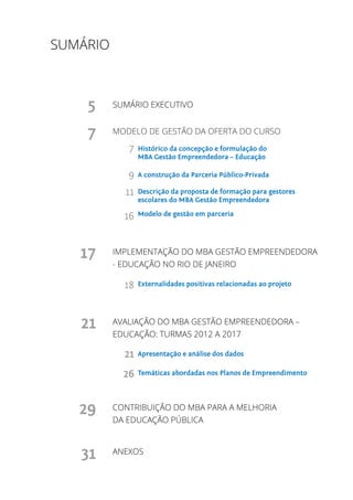 SUMÁRIO EXECUTIVO
MODELO DE GESTÃO DA OFERTA DO CURSO
Histórico da concepção e formulação do
MBA Gestão Empreendedora – Educação
A construção da Parceria Público-Privada
Descrição da proposta de formação para gestores
escolares do MBA Gestão Empreendedora
Modelo de gestão em parceria
IMPLEMENTAÇÃO DO MBA GESTÃO EMPREENDEDORA
- EDUCAÇÃO NO RIO DE JANEIRO
Externalidades positivas relacionadas ao projeto
AVALIAÇÃO DO MBA GESTÃO EMPREENDEDORA –
EDUCAÇÃO: TURMAS 2012 A 2017
Apresentação e análise dos dados
Temáticas abordadas nos Planos de Empreendimento
CONTRIBUIÇÃO DO MBA PARA A MELHORIA
DA EDUCAÇÃO PÚBLICA
ANEXOS
SUMÁRIO
5
7
9
11
17
21
21
26
29
31
16
7
18
 