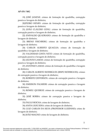 AP 470 / MG

                              19) JOSÉ JANENE: crimes de formação de quadrilha, corrupção
                         passiva e lavagem de dinheiro;
                              20)PEDRO HENRY: crimes de formação de quadrilha, corrupção
                         passiva e lavagem de dinheiro;
                              21) JOÃO CLÁUDIO GENU: crimes de formação de quadrilha,
                         corrupção passiva e lavagem de dinheiro;
                              22) ENIVALDO QUADRADO: crimes de formação de quadrilha e
                         lavagem de dinheiro;
                              23) BRENO FISCHBERG: crimes de formação de quadrilha e
                         lavagem de dinheiro;
                              24) CARLOS ALBERTO QUAGLIA: crimes de formação de
                         quadrilha e lavagem de dinheiro;
                              25) VALDEMAR COSTA NETO: crimes de formação de quadrilha,
                         corrupção passiva e lavagem de dinheiro;
                              26) JACINTO LAMAS: crimes de formação de quadrilha, corrupção
                         passiva e lavagem de dinheiro;
                              27) ANTÔNIO LAMAS: crimes de formação de quadrilha e lavagem
                         de dinheiro;
                              28) CARLOS ALBERTO RODRIGUES (BISPO RODRIGUES): crimes
                         de corrupção passiva e lavagem de dinheiro;
                              29) ROBERTO JEFFERSON: crimes de corrupção passiva e lavagem
                         de dinheiro;
                              30) EMERSON PALMIERI: crimes de corrupção passiva e lavagem
                         de dinheiro;
                              31) ROMEU QUEIROZ: crimes de corrupção passiva e lavagem de
                         dinheiro;
                              32) JOSÉ BORBA: crimes de corrupção passiva e lavagem de
                         dinheiro;
                              33) PAULO ROCHA: crime de lavagem de dinheiro;
                              34) ANITA LEOCÁDIA: crime de lavagem de dinheiro;
                              35) LUIZ CARLOS DA SILVA (PROFESSOR LUIZINHO): crime de
                         lavagem de dinheiro;
                              36) JOÃO MAGNO: crime de lavagem de dinheiro;


                                                                                                                                            5

Documento assinado digitalmente conforme MP n° 2.200-2/2001 de 24/08/2001, que institui a Infraestrutura de Chaves Públicas Brasileira - ICP-Brasil. O
documento pode ser acessado no endereço eletrônico http://www.stf.jus.br/portal/autenticacao/ sob o número 1653746.
 