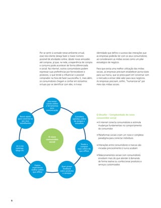 Por se sentir à vontade nesse ambiente virtual,            identidade que define o sucesso das interações que
                            esse neo-cliente deseja fazer o maior número               as empresas poderão ter com os seus consumidores
                            possível de atividades online, desde novas amizades        ao considerarem as mídias sociais como um pilar
                            até compras, já que, na rede, a experiência de compra      estratégico de negócio.
                            e consumo pode acontecer de forma diferenciada
                            e social. Na internet, outros consumidores podem           Para que exista uma melhor utilização das mídias
                            expressar suas preferências por fornecedores e             sociais, as empresas precisam estabelecer porta-vozes
                            produtos, o que tende a influenciar o possível             para sua marca, que se preocupam em conversar com
                            comprador na hora de fazer sua escolha. E, mais além,      o mercado e extrair dele valor para seus negócios.
                            os consumidores chegam a confiar em estranhos              As empresas precisam, enfim, “humanizar-se” por
                            virtuais por se identificar com eles, e é essa             meio das mídias sociais.




                                      Usa novos
                                    canais online
                                    e ferramentas
                                         para
                                    comunicação

                                                                                       O desafio – Complexidade do novo
        Busca apoio                                                Considera
      para conectar-se                                           opiniões online       consumidor social
          aos seus                                                de amigos e
        semelhantes                                                estranhos           • A internet conecta consumidores e estimula
                                                                                         mudanças fundamentais no comportamento
                                                                                         do consumidor

                                                                                       • Plataformas sociais criam um novo e complexo
                                      O novo
                                                                                         paradigma para conectar indivíduos
                                    consumidor
                                       social
                                                                         Tende a       • Interações entre consumidores e marcas são
     Lê e cria                                                          comprar
    rankings,                                                         mais online do     iniciadas precocemente e nunca acabam
    blogs etc                                                          que offline

                                                                                       • Relacionamentos sociais com consumidores
                                                                                         envolvem mais do que atender à demanda
                                                                                         de forma reativa ou confeccionar produtos e
                       Espera                                                            serviços customizados
                                                      Quer prover
                     experiência
                                                       feedback
                    melhor online
                                                    sobre produtos
                     que offline
                                                       e serviços




6
 