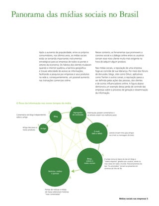 Panorama das mídias sociais no Brasil


                             Após o aumento da popularidade, entre os próprios                         Nesse contexto, as ferramentas que promovem o
                             consumidores, nos últimos anos, as mídias sociais                         convívio social e o diálogo online entre os usuários
                             estão se tornando importantes instrumentos                                tornam esse novo cliente muito mais exigente na
                             estratégicos para as empresas de todos os portes e                        hora de adquirir algum produto.
                             setores da economia. Os hábitos dos clientes mudaram
                             quando a internet quebrou a barreira geográfica                           Nas mídias sociais, a reputação de uma empresa
                             e trouxe velocidade de acesso às informações,                             foge ao controle de sua liderança. Por meio dos fóruns
                             facilitando a pesquisa por empresas e seus produtos                       de discussão, blogs, sites como Orkut, aplicativos
                             na rede e, consequentemente, um possível aumento                          como Twitter e outros canais, a reputação passa a
                             nas transações comerciais online.                                         ser definida pelas ações das pessoas, dos clientes
                                                                                                       e de outros influenciadores online. A figura abaixo
                                                                                                       demonstra um exemplo dessa perda de controle das
                                                                                                       empresas sobre o processo de geração e disseminação
                                                                                                       da informação.



 O fluxo da informação nos novos tempos da mídia

                                                                     3
                                          2                               Agregador       Internautas postam comentários e
 Comentários de blogs independentes                                      de conteúdo      os leitores votam nos melhores posts
 sobre o artigo                                 Blog



                             1                                                                                      4
        Artigo descreve os
                                 Artigo
        novos produtos
                                                                                                 E-mail,
                                                                                               SMS e MMS                Leitores enviam links para amigos
                                                                                                                        via e-mail ou mensagens de texto




                                                                                                              5
                                                                                          Blogs,                  O artigo torna-se tópico do dia em blogs e
                                                                                         videos e                 “vídeos-resposta” gerados por usuários, sendo os
                                                                                       redes sociais              mais vistos em todo o mundo. Posicionamentos do
                                                                                                                  tipo “Eu amo/odeio” tornam-se presentes em
                                                                                                                  centenas de links de fãs
                                          Notícias, mídias
                                             e portais

                                                                     6


                                     Portais de notícias e mídias
                                     de massa selecionam histórias
                                     “mais comentadas”

                                                                                                                                     Mídias sociais nas empresas 5
 