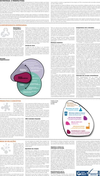 Em 2013, demos conti-
nuidade ao conjunto de
ações para ampliar gra-
dualmente a cesta de
compras de nossos con-
sumidores e, em conse-
quência, incrementar a
produtividade das CNs
no Brasil. Além da ino-
vação em produtos e conceitos, ajustamos os incentivos
para a força de vendas de modo a ampliar o foco na
produtividade, oferecemos novos meios de pagamento
para as consultoras, mantivemos a tendência de me-
lhora significativa no nível de serviços e investimos ain-
da mais em tecnologia da informação. Essas iniciativas
resultaram em ampliação da produtividade média das
CNs em 1,4% em 2013, sendo 6,2% no quarto trimes-
tre do ano.
Esse esforço segue em 2014, com iniciativas como o
desenvolvimento de aplicativos para celulares que aju-
dam a gestão do negócio, além do mapeamento das
práticas das consultoras com maior produtividade, para
disseminá-las à rede.
Hoje, já experimentamos uma transformação da venda
direta a partir das tecnologias digitais e da conectivida-
2014
Estratégia e perspectivas
Em 2013, praticamente finalizamos um ciclo de capacitação e de investimentos em infraestrutura logística, que resultou
na conquista de altos índices de qualidade do serviço prestado às CNs e na redução do prazo de entrega dos pedidos
de 5,1 para 4,5 dias (35% desses pedidos já são entregues em 48 horas). Como resultado, viabilizamos importantes
iniciativas: o centro administrativo e de distribuição, em São Paulo, e o complexo industrial Ecoparque, no Pará, que
será inaugurado em março de 2014, além do aumento da capacidade produtiva em Cajamar (SP). Esse movimento
prepara a Natura para fortalecer seu negócio e atender às demandas do mercado brasileiro no curto prazo, diante
de um cenário com concorrência mais acirrada.A partir deste ano, teremos uma maior concentração de recursos em
tecnologia digital, o que nos permitirá reforçar o negócio atual e assegurar nossa competitividade, além de capacitar o
crescimento futuro da Natura.
Em nossas Operações Internacionais, atualmente centradas na América Latina, mantivemos um crescimento robusto nos
últimos anos,com expansão anual acima de 30%.Esperamos seguir nesses patamares,ampliando a nossa rede de consultoras
e consultores,que já soma 366,5 mil,além de dar continuidade à trajetória de construção da marca,de constante avanço no
nível de serviços e de evolução da lucratividade.
No Brasil,a expectativa é ampliar nossa operação e manter participação de mercado a partir do incremento da produ-
tividade das consultoras e consultores. Para tanto, buscamos a melhoria significativa do nível de serviço, a inovação em
nossos produtos e conceitos e a segmentação da nossa relação com CNs e consumidores, além da evolução constante
em nosso modelo comercial.
Estamos empenhados em alcançar, de diferentes maneiras, nossos consumidores e satisfaze-los ainda mais com a contínua
diferenciação da marca Natura, a introdução de novas categorias de produtos, ampliando a proposta de valor do bem estar
bem. Com mais informação e conectividade, poderemos potencializar nosso maior ativo: a venda por relações. Uma dessas
iniciativas é a Rede Natura, que permite às consultoras a venda de produtos por meio de suas páginas na internet.
Nosso comportamento empresarial nos permitiu evoluir para que o impacto positivo ao meio ambiente e à sociedade
passasse a ser, cada vez mais, elemento para a tomada de decisão em nossos negócios. Isso inclui o uso sustentável
dos recursos da sociobiodiversidade, o relacionamento com as comunidades fornecedoras e outros públicos com os
quais dialogamos e as inovações promovidas para a redução das emissões de gases de efeito estufa. Isso se traduz em
produtos inovadores como a linha Sou, que foi responsável por significativa parte de nosso resultado econômico e
ambiental já na segunda metade de 2013.
Reafirmamos nosso entusiasmo com a oportunidade de ampliar nossos negócios, impulsionados pela nossa capaci-
dade de inovar e oferecer, à rede de relações da Natura, produtos e conceitos cada vez mais relevantes e conecta-
dos com o espírito do nosso tempo.
COMPORTAMENTO EMPRESARIAL
Temos um mapa de riscos construído a partir da avalia-
ção da nossa cadeia de valor e de todas as nossas ope-
rações, sendo 62 categorias de riscos. Esse processo é
acompanhado pelos executivos do Comex e conectado
a planos de ação de gerenciamento. O Conselho de Ad-
ministração, por meio de seus comitês, também acompa-
nha todos os riscos estratégicos da empresa.
Integram o mapa aspectos relacionados a capacidade
de inovação, modelo comercial, questões tributárias,
biodiversidade, qualidade do produto e colaboradores,
entre outros.
Mudanças climáticas
Atingimos em 2013 a redução de 33,2% em nossas
emissões relativas de gases de efeito estufa, em compara-
ção com 2006,alcançando o compromisso que firmamos
naquele ano de buscar alternativas para reduzir nosso
impacto em mudanças climáticas em 33%. A redução
considera toda a nossa cadeia produtiva, da extração da
matéria-prima ao descarte dos produtos pelo consumi-
dor.Também reduzimos, entre 2008 e 2012, quase 10%
das emissões absolutas de nossas fábricas*.
O desafio de redução das emissões motivou diversas
inovações e gerou inúmeros aprendizados na Natura.
Lançado em 2007 para estruturar iniciativas de redução,
o Programa Carbono Neutro influenciou a criação de um
sistema de gestão do tema em todas as etapas do pro-
cesso produtivo, tais como desenvolvimento, fabricação de
produtos, ciclo do pedido (relacionamento com as CNs,
que inclui a produção das revistas Natura e o registro e a
separação dos pedidos para entrega) e transporte.
Esse é um exemplo de como um desafio socioambiental
– incorporado ao processo de planejamento estratégico
e de tomada de decisão – pode gerar inovação e resulta-
dos positivos para a empresa, além de reduzir o impacto
na sociedade.
Como evolução desse aprendizado, seguimos imple-
mentando inovações e testando alternativas que possam
contribuir para a redução cada vez maior dos nossos im-
pactos, a medida que o nosso negócio cresce. No ano pas-
sado, nós nos tornamos a primeira empresa a adotar uma
carreta de carga e um ônibus fretado para transporte de
colaboradores movidos a etanol. No final do ano, começa-
mos a testar veículos elétricos na rede logística para entrega
de pedidos a consultoras e consultores.Entre as alternativas
estão bicicletas,triciclos e automóveis elétricos.Novamente,
é a primeira vez que uma empresa utiliza veículos elétricos
para o transporte de cargas no Brasil. Essa iniciativa piloto
deve nos proporcionar aprendizados valiosos sobre esse
meio alternativo de transporte, que no futuro pode gerar
benefícios não apenas para a redução de emissões como
também para a mobilidade nos centros urbanos.
* Em 2012,divulgamos a redução de 7,4%,mas o índice foi recalculado após
correção feita pelo governo federal no fator de emissão de energia elétrica.
Compromisso com a Amazônia
Previsto para ser inaugurado no primeiro trimestre de
2014, o Ecoparque é um complexo industrial que preten-
de gerar negócios sustentáveis a partir da sociobiodiversi-
dade amazônica e impulsionar o empreendedorismo local.
Nossa nova fábrica de sabonetes será a primeira unidade
a ocupar o local, que deverá atrair outras empresas com
necessidades complementares às da Natura.Com base no
conceito inovador de simbiose industrial,a ideia é que cada
empresa instalada no Ecoparque possa utilizar os subpro-
dutos gerados pelas outras,além de compartilhar o espaço
– 172 hectares – e a infraestrutura básica.
A iniciativa faz parte do Programa Amazônia, lançado pela
Natura em 2010 e estruturado a partir do nosso apren-
dizado ao longo de mais de uma década de atuação local.
O Programa Amazônia está estruturado em três frentes
– Ciência e Tecnologia; Cadeias Produtivas Sustentáveis; e
Fortalecimento Institucional – e tem,entre suas metas para
2020, os objetivos de movimentar R$ 1 bilhão na região;
conectar mil pesquisadores em rede para gerar inovação
e tecnologia a partir dos recursos da sociobiodiversida-
de; ampliar para 10 mil o número de famílias envolvidas
(atualmente são 3,1 mil); e registrar 30% de consumo de
insumos produzidos na região (o índice atual é de 13,4%).
Em 2013, distribuímos R$ 11,1 milhões às comunidades
fornecedoras em recursos de fornecimento e repartição
de benefícios. O resultado ficou abaixo da meta para o
período (R$ 13,6 milhões) e do volume registrado no ano
anterior (de R$ 12 milhões).O desempenho foi influencia-
do pela redução nas compras de matéria-prima em função
do escoamento de estoques formados em 2012, quando
as vendas foram menores do que o estimado. Por outro
lado, o total de investimentos realizados na região somou
R$ 201,5 milhões, ultrapassando a meta de gerar R$ 190
milhões no período,principalmente em função dos investi-
mentos no Ecoparque.
Valoração dos serviços ecossistêmicos
Nosso comprometimento com um modelo de
desenvolvimento sustentável nos impulsiona a realizar
estudos para mensurar o impacto de nossas atividades
nos recursos socioambientais, também chamado de
externalidades.Em 2013,participamos do B-Team,consórcio
de empresas internacionais e consultores que tem, entre
outros, o objetivo de desenvolver um modelo de valoração
dos impactos sociais e ambientais das companhias.
Nosso intuito é que no médio prazo tenhamos avaliado as
externalidades de toda a Natura,considerando os impactos
sociais e ambientais. Assim, no futuro, poderemos alcançar
um estágio no qual as empresas confiram o devido valor aos
serviços prestados pelos ecossistemas e pela biodiversidade
eosinvestidorescomecemaconsiderarosganhosouperdas
socioambientais associados a uma atividade (externalidades)
em suas análises de riscos e oportunidades.
Produtos e conceitos
Nosso entendimento so-
bre inovação não se res-
tringe ao desenvolvimen-
to de novos produtos e
conceitos, permeando
a organização em uma
visão multidisciplinar e
transversal: está presente na nossa estratégia comercial,
na busca por novos negócios, em técnicas de manejo e
extração dos insumos da biodiversidade e até em nossas
operações logísticas.
Para concretizar nossa visão de futuro e oferecer produ-
tos e conceitos diferenciados e relevantes para o con-
sumidor, devemos ter um olhar ampliado de inovação,
conectado a tendências e busca de novas oportunidades,
como forma de expressar as crenças e os valores da nos-
sa empresa. Com esse propósito, firmamos um acordo
de cooperação com a Fundação de Amparo à Pesquisa
do Estado de São Paulo (Fapesp) para a criação de um
Centro de Pesquisa Aplicada em Bem-Estar e Compor-
tamento Humano. Lançado em 2013, o centro buscará
uma base sólida de conhecimento sobre promoção do
bem-estar, padrões culturais e comportamento humano
por meio de pesquisas em neurociência, psicologia positi-
va, psicologia social, neuroimagem, neuropsicofisiologia e
psicometria, entre outras áreas.
Governança e
transparência
Em abril do ano passado,
Plínio Villares Musetti foi
eleito presidente do Con-
selho de Administração
da Natura, encerrando
um modelo de copresi-
dência, exercido historicamente pelos acionistas controla-
dores. Com a mudança, damos mais um passo rumo à
profissionalização e à institucionalização da governança
de nossa empresa e reforçamos nosso compromisso his-
tórico com as boas práticas de governança, iniciado há
mais de 16 anos, quando a Natura instituiu voluntaria-
mente um Conselho, seis anos antes de abrir capital.
Luiz Seabra, Guilherme Peirão Leal e Pedro Passos, nossos
fundadores e acionistas controladores,seguem no Conselho,
mas agora ainda mais focados e empenhados em impulsio-
nar a evolução da organização a partir do apoio ao desen-
volvimento das novas lideranças executivas,da consolidação
de uma cultura vibrante que busca a perpetuação de nossas
crenças e da inspiração à visão estratégica da companhia.
Qualidade das relações
Entendemos que o diálogo com os públicos que inte-
gram a cadeia de valor é essencial na busca de soluções e
desafios para o nosso negócio. Por esse motivo, incorpo-
ramos à nossa cultura a participação de diferentes públi-
cos em projetos estratégicos para a Natura.
Para tanto, fazemos o monitoramento periódico dessa
relação, acompanhando indicadores de satisfação e leal-
dade.Em nossa pesquisa de clima com colaboradores em
2013, alcançamos 78% de favorabilidade, um crescimento
de 6 p.p. em relação ao ano anterior, atingindo o melhor
resultado desde o início da pesquisa, em 1994.
Também obtivemos um avanço expressivo na lealdade
dos fornecedores, que cresceu 6,3 p.p. em 2013, chegan-
do a 29,7%.
Entre as CNs, os resultados mantiveram-se praticamente
estáveis.A lealdade das CNs registrou 23%, ante 24% em
2012. Entre as CNOs, o índice se manteve em 38%.
Reconhecemos que ainda há espaço para evoluções e
pretendemos, cada vez mais, consolidar um ambiente de
Com investimento de R$ 20 milhões em dez anos, parti-
lhados em igual valor pelas duas instituições, as pesquisas,
além de se tornarem produtos inovadores da Natura,
serão transferidas para a sociedade, incluindo os setores
empresarial, não governamental e público.
Também implementamos um escritório internacional,
em Nova York, para desenvolvermos novos conceitos e
produtos de relevância internacional. Nossa estrutura de
inovação inclui ainda centros de inovação e conhecimen-
to, em Cajamar (SP) e Manaus, (AM) e parcerias com
instituições do Brasil, dos EUA e da França, entre outros.
SOU: resultados integrados
A submarca Sou, lançada em 2013, exemplifica, na prá-
tica, como estruturamos nossos produtos a partir de
conceitos que vão muito além da qualidade sensorial e
técnica. Sou já contribuiu de forma relevante para nossos
resultados de vendas e de impacto ambiental no segundo
semestre de 2013. Lançada em junho, a submarca tem
27 produtos para pele e cabelo, criados por meio de um
processo totalmente integrado – ideia, desenvolvimento
do produto, marketing e divulgação – e pretende estimu-
lar a discussão sobre consumo consciente. Sou foi elabo-
rado sob uma perspectiva inteiramente nova, pensado
do início ao fim, para reduzir ao máximo o uso de mate-
riais e ingredientes, sem corantes, sem deixar de oferecer
altíssima qualidade e diferenciação a um preço acessível.
REDE DE relações
Fizemos uma evolução em nossa organização com foco
ainda maior na estratégia da empresa para alcançar nos-
sos resultados. O Comitê Executivo (Comex) foi am-
pliado em 2013, incorporando novas funções e áreas.
Também tivemos uma revisão da estrutura organizacio-
nal baseada em três grandes núcleos. O primeiro, focado
na gestão de Marcas e Negócios, responsável também
pela inovação em produtos e conceitos. O segundo, um
núcleo de Redes responsável pela relação com as nos-
sas consultoras e consultores e seus clientes nas diversas
geografias em que atuamos. O terceiro, composto pelas
funções corporativas da empresa, como Finanças, Pesso-
as, Operações eTecnologia Digital.
Gestão de riscos
A gestão de riscos da Natura é um instrumento
integrado ao ciclo de planejamento estratégico e consi-
dera os aspectos econômico, social e ambiental dentro
de dois principais grupos: os estratégicos, aqueles capa-
zes de afetar a ambição de negócio e a continuidade da
empresa; e os operacionais, que avaliam nossos proces-
sos internos.
SOU essencial
O que é importante,fica:
hidratação,textura envolvente
e deliciosa fragrância.
SOU menos resíduos na natureza
Quando acabar,jogue junto com os resíduos
de plástico para que seja reciclada.
Molinha,para usar
o produto até o fim.
SOU até a última gota
Menos desperdício.Menos tempo
de fabricação.Menor gasto de energia.
SOU processo eficiente
Incremento de Ebitda com significativa participação
nas vendas já em 2013.Redução da emissão de GEE.
Adoção dos aprendizados em toda a companhia.
Contribuição para o negócio
Moderna,leve.Tem 70% menos plástico
e emite 60% menos gases poluentes.
SOU uma nova embalagem
O que não precisa? Corante,por
exemplo.Por isso,não tem!
SOU fórmula sem excesso
Confira ao lado
os diferencias
da linha:
marcas e
negócios
INOVAÇÃO DE PRODUTOS
DISPONIBILIZAÇÃO
DE PRODUTOS
NOVOS NEGÓCIOS
(MARCAS E CATEGORIAS)
MARKETING
ARQUITETURA DE MARCA
redes
áreas
corporativas
LOGÍSTICA
OPERAÇÃO DOS
MERCADOS REGIONAIS
NO BRASIL
CRM
INOVAÇÃO DO
MODELO COMERCIAL
OPERAÇÃO DOS MERCADOS
INTERNACIONAIS
REDE NATURA
desenho
organizacional
de como alavancas do modelo. Nossa avaliação é de
que a tecnologia facilitará o negócio da rede de CNs,
fortalecerá o empreendedorismo social e poderá, ainda,
reforçar as relações entre consultoras, seus clientes e a
própria Natura.
rede baseado em confiança e transparência, capaz de ge-
rar um processo de gestão do negócio mais inclusivo,
que resulte em ações, soluções e inovações colaborativas.
Aderência à câmara de
arbitragem do mercado
A companhia, seus acionistas, os administradores e os
membros do Conselho Fiscal, se instalado Conselho Fiscal,
obrigam-se a resolver, por meio de arbitragem, perante a
Câmara de Arbitragem do Mercado, toda e qualquer dis-
puta ou controvérsia que possa surgir entre eles, relaciona-
da ou oriunda, em especial, da aplicação, validade, eficácia,
interpretação, violação e seus efeitos das disposições con-
tidas na Lei no
6.404/76, no estatuto social da companhia,
nas normas editadas pelo Conselho Monetário Nacional,
pelo Banco Central do Brasil e pela Comissão de Valores
Mobiliários, bem como nas demais normas aplicáveis ao
funcionamento do mercado de capitais em geral, além da-
quelas constantes do Regulamento de Listagem do Novo
Mercado, do Regulamento de Arbitragem da Câmara de
Arbitragem do Mercado, do Regulamento de Aplicação de
Sanções Pecuniárias no Novo Mercado e do Contrato de
Participação no Novo Mercado.
Relacionamento com os
auditores independentes
Em conformidade com a Instrução CVM no
381/03, infor-
mamos que a sociedade e suas controladas adotam como
procedimento formal consultar os auditores independen-
tes Ernst Young Auditores Independentes S.S., no sentido
de assegurar-se de que a realização da prestação desses
outros serviços não venha afetar sua independência e a
objetividade necessária ao desempenho dos serviços de
auditoria independente, bem como obter a devida aprova-
ção de seu Comitê de Auditoria. A política da empresa na
contratação de serviços de auditores independentes asse-
gura que não haja conflito de interesses, perda de indepen-
dência ou objetividade.
Para retratar com fidelidade e transparência nossos desem-
penhos nos planos econômico, ambiental e social, adota-
mos as diretrizes da Global Reporting Initiative (GRI-G4),
cujos critérios serão extensivamente desenvolvidos em
nosso Relatório Anual 2013.
Todos os dados socioambientais contidos nos indicadores
GRI passam pela verificação da Ernst  Young Auditores
Independentes S.S., nossos auditores independentes. No
caso das emissões de GEE de 2013, foi realizada uma ve-
rificação específica (asseguração limitada) dos dados do
inventário, também pela Ernst Young.
 