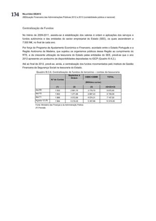 134   RELATÓRIO OE2013
      2BSituação Financeira das Administrações Públicas 2012 e 2013 (contabilidade pública e nacional)




      Centralização de Fundos

      No triénio de 2009-2011, assistiu-se à estabilização dos valores à ordem e aplicações dos serviços e
      fundos autónomos e das entidades do sector empresarial do Estado (SEE), os quais ascenderam a
      7.000 M€, no final de cada ano.

      Por força do Programa de Ajustamento Económico e Financeiro, acordado entre o Estado Português e a
      Região Autónoma da Madeira, que sujeitou os organismos públicos dessa Região ao cumprimento do
      RTE, e da crescente utilização da tesouraria do Estado pelas entidades do SEE, prevê-se que o ano
      2012 apresente um acréscimo de disponibilidades depositadas no IGCP (Quadro III.4.2.).

      Até ao final de 2012, prevê-se, ainda, a centralização dos fundos movimentados pelo Instituto de Gestão
      Financeira da Segurança Social na tesouraria do Estado.
                    Quadro III.3.6. Centralização de fundos de terceiros – contas da tesouraria
                                                          Depósitos à
                                                                               CEDIC+CEDIM        TOTAL
                                                            Ordem
                                     N.º de Contas
                                                                               (Milhões euros)

                                           (1)                 (2)                 (3)           (4)=(2)+(3)
                   dez/09                 1 932             2 891,75             3 778,70         6 670,45
                   dez/10                 1 802             1 271,66             4 887,43         6 159,09
                   dez/11                 1 866             3 072,69             4 074,31         7 147,00
                   Agosto-12 (P)          1 964             5 216,35             5 357,66        10 574,00
                   Fonte: Ministério das Finanças e da Administração Pública
                   (P) Previsão
 
