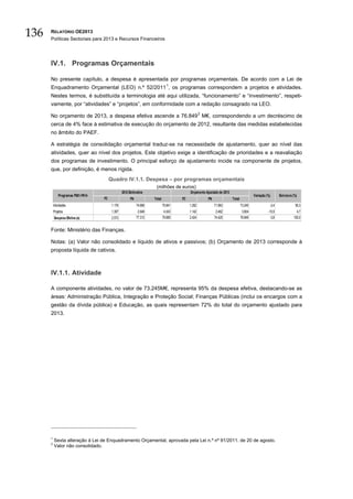 136   RELATÓRIO OE2013
      Políticas Sectoriais para 2013 e Recursos Financeiros




      IV.1. Programas Orçamentais

      No presente capítulo, a despesa é apresentada por programas orçamentais. De acordo com a Lei de
      Enquadramento Orçamental (LEO) n.º 52/2011 1, os programas correspondem a projetos e atividades.
      Nestes termos, é substituída a terminologia até aqui utilizada, “funcionamento” e “investimento”, respeti-
      vamente, por “atividades” e “projetos”, em conformidade com a redação consagrado na LEO.

      No orçamento de 2013, a despesa efetiva ascende a 76.849 2 M€, correspondendo a um decréscimo de
      cerca de 4% face à estimativa de execução do orçamento de 2012, resultante das medidas estabelecidas
      no âmbito do PAEF.

      A estratégia de consolidação orçamental traduz-se na necessidade de ajustamento, quer ao nível das
      atividades, quer ao nível dos projetos. Este objetivo exige a identificação de prioridades e a reavaliação
      dos programas de investimento. O principal esforço de ajustamento incide na componente de projetos,
      que, por definição, é menos rígida.
                                         Quadro IV.1.1. Despesa – por programas orçamentais
                                                                       (milhões de euros)
                                                  2012 Estimativa                           Orçamento Ajustado de 2013
              Programas P001-P014                                                                                                         Variação (%)      Estrutura (%)
                                    FC                  FN            Total            FC              FN                Total
          Atividades                      1.176              74.666           75.841        1.282           71.963               73.245              -3,4              95,3
          Projetos                        1.397               2.646            4.043        1.142            2.462                3.604             -10,9               4,7
          Despesa Efetiva (a)             2.573              77.312           79.885        2.424           74.425               76.849              -3,8             100,0


      Fonte: Ministério das Finanças.

      Notas: (a) Valor não consolidado e líquido de ativos e passivos; (b) Orçamento de 2013 corresponde à
      proposta líquida de cativos.



      IV.1.1. Atividade

      A componente atividades, no valor de 73.245M€, representa 95% da despesa efetiva, destacando-se as
      áreas: Administração Pública, Integração e Proteção Social; Finanças Públicas (inclui os encargos com a
      gestão da dívida pública) e Educação, as quais representam 72% do total do orçamento ajustado para
      2013.




      1
          Sexta alteração à Lei de Enquadramento Orçamental, aprovada pela Lei n.º nº 91/2011, de 20 de agosto.
      2
          Valor não consolidado.
 