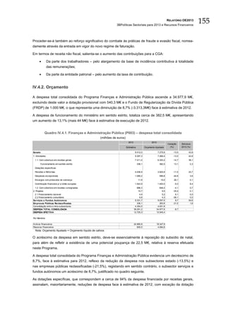 RELATÓRIO OE2013
                                                                3BPolíticas Sectoriais para 2013 e Recursos Financeiros
                                                                                                                                                  155

Proceder-se-á também ao reforço significativo do combate às práticas de fraude e evasão fiscal, nomea-
damente através da entrada em vigor do novo regime de faturação.

Em termos de receita não fiscal, salienta-se o aumento das contribuições para a CGA:

      •         Da parte dos trabalhadores – pelo alargamento da base de incidência contributiva à totalidade
                das remunerações;

      •         Da parte da entidade patronal – pelo aumento da taxa de contribuição.


IV.4.2. Orçamento

A despesa total consolidada do Programa Finanças e Administração Pública ascende a 34.977,9 M€,
excluindo deste valor a dotação provisional com 540,3 M€ e o Fundo de Regularização da Dívida Pública
(FRDP) de 1.000 M€, o que representa uma diminuição de 8,7% (-3.313,3M€) face à estimativa de 2012.

A despesa de funcionamento do ministério em sentido estrito, totaliza cerca de 382,5 M€, apresentando
um aumento de 13,1% (mais 44 M€) face à estimativa de execução de 2012.


           Quadro IV.4.1. Finanças e Administração Pública (P003) – despesa total consolidada
                                                     (milhões de euros)
                                                                            2012                     2013
                                                                                                                      Variação     Estrutura
                                                                          Estimativa           Orçamento Ajustado       (%)        2013 (%)

Estado                                                                              8.412,0                 7.275,9        -13,5           43,8
1. Atividades                                                                       8.397,3                 7.266,4        -13,5           43,8
 1.1. Com cobertura em receitas gerais                                              7.411,0                 6.320,2        -14,7           38,1
       Funcionamento em sentido estrito                                                338,1                 382,5         13,1             2,3
 Dotações especificas:
 Pensões e Reformas                                                                 4.436,9                 3.925,9        -11,5           23,7
 Despesas excepcionais                                                              1.080,2                  596,8         -44,8            3,6
 Encargos com protocolos de cobrança                                                    11,9                  15,0         26,1             0,1
 Contribuição financeira p/ a União europeia                                        1.543,9                 1.400,0         -9,3            8,4
  1.2. Com cobertura em receitas consignadas                                           986,3                 946,2          -4,1            5,7
2. Projetos                                                                             14,7                   9,5         -35,4            0,1
 2.1.Financiamento nacional                                                             4,9                    5,2           6,1            0,0
 2.2.Financiamento comunitária                                                          9,8                    4,3         -56,1            0,0
Serviços e Fundos Autónom os                                                        8.331,7                9.057,5           8,7           54,6
Em presas Públicas Reclassificadas                                                    336,1                  263,9         -21,5            1,6
Consolidação entre e intra-subsectores                                              4.354,5                4.051,9
DESPESA TOTAL CONSOLIDADA                                                          38.291,2               34.977,9          -8,7       -
DESPESA EFECTIVA                                                                   12.725,3               12.545,4

Por Memória

Activos Financeiros                                                                24.965,9               18.347,9
Passivos Financeiros                                                                  600,0                4.084,6
  Nota: Orçamento Ajustado = Orçamento líquido de cativos

O acréscimo da despesa em sentido estrito, deve-se essencialmente à reposição do subsídio de natal,
para além de refletir a existência de uma potencial poupança de 22,5 M€, relativa à reserva efetuada
neste Programa.

A despesa total consolidada do Programa Finanças e Administração Pública evidencia um decréscimo de
8,7%, face à estimativa para 2012, reflexo da redução da despesa nos subsectores estado (-13,5%) e
nas empresas públicas reclassificadas (-21,5%), registando em sentido contrário, o subsector serviços e
fundos autónomos um acréscimo de 8,7%, justificado no quadro seguinte.

As dotações específicas, que correspondem a cerca de 94% da despesa financiada por receitas gerais,
assinalam, maioritariamente, reduções de despesa face à estimativa de 2012, com exceção da dotação
 