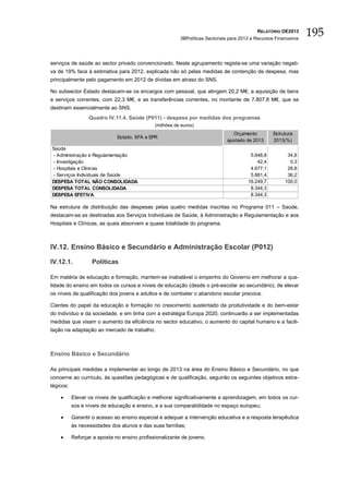 RELATÓRIO OE2013
                                                         3BPolíticas Sectoriais para 2013 e Recursos Financeiros
                                                                                                                   195

serviços de saúde ao sector privado convencionado. Neste agrupamento regista-se uma variação negati-
va de 19% face à estimativa para 2012, explicada não só pelas medidas de contenção de despesa, mas
principalmente pelo pagamento em 2012 de dívidas em atraso do SNS.

No subsector Estado destacam-se os encargos com pessoal, que atingem 20,2 M€, a aquisição de bens
e serviços correntes, com 22,3 M€, e as transferências correntes, no montante de 7.807,8 M€, que se
destinam essencialmente ao SNS.
                  Quadro IV.11.4. Saúde (P011) - despesa por medidas dos programas
                                              (milhões de euros)
                                                                                 Orçamento          Estrutura
                              Estado, SFA e EPR
                                                                              ajustado de 2013      2013(%)
Saúde
- Administração e Regulamentação                                                         5.648,8          34,8
- Investigação                                                                              42,4           0,3
- Hospitais e Clinicas                                                                   4.677,1          28,8
- Serviços Individuais de Saúde                                                          5.881,4          36,2
DESPESA TOTAL NÃO CONSOLIDADA                                                           16.249,7         100,0
DESPESA TOTAL CONSOLIDADA                                                                8.344,3
DESPESA EFETIVA                                                                          8.344,3

Na estrutura de distribuição das despesas pelas quatro medidas inscritas no Programa 011 – Saúde,
destacam-se as destinadas aos Serviços Individuais de Saúde, à Administração e Regulamentação e aos
Hospitais e Clínicas, as quais absorvem a quase totalidade do programa.



IV.12. Ensino Básico e Secundário e Administração Escolar (P012)

IV.12.1.           Políticas

Em matéria de educação e formação, mantem-se inabalável o empenho do Governo em melhorar a qua-
lidade do ensino em todos os cursos e níveis de educação (desde o pré-escolar ao secundário), de elevar
os níveis de qualificação dos jovens e adultos e de combater o abandono escolar precoce.

Cientes do papel da educação e formação no crescimento sustentado da produtividade e do bem-estar
do indivíduo e da sociedade, e em linha com a estratégia Europa 2020, continuarão a ser implementadas
medidas que visam o aumento da eficiência no sector educativo, o aumento do capital humano e a facili-
tação na adaptação ao mercado de trabalho.



Ensino Básico e Secundário

As principais medidas a implementar ao longo de 2013 na área do Ensino Básico e Secundário, no que
concerne ao currículo, às questões pedagógicas e de qualificação, seguirão os seguintes objetivos estra-
tégicos:

    •      Elevar os níveis de qualificação e melhorar significativamente a aprendizagem, em todos os cur-
           sos e níveis de educação e ensino, e a sua comparabilidade no espaço europeu;

    •      Garantir o acesso ao ensino especial e adequar a intervenção educativa e a resposta terapêutica
           às necessidades dos alunos e das suas famílias;

    •      Reforçar a aposta no ensino profissionalizante de jovens;
 