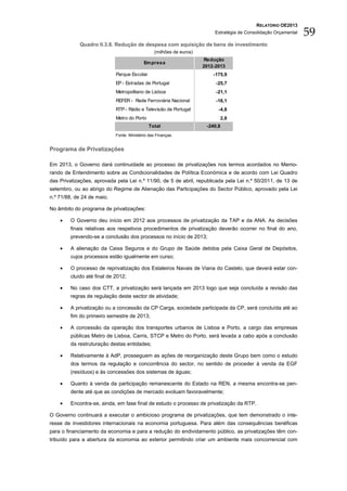 RELATÓRIO OE2013
                                                                           Estratégia de Consolidação Orçamental   59
            Quadro II.3.8. Redução de despesa com aquisição de bens de investimento
                                                 (milhões de euros)
                                                                      Redução
                                           Em presa
                                                                      2012-2013
                            Parque Escolar                                -175,9
                            EP - Estradas de Portugal                      -25,7
                            Metropolitano de Lisboa                        -21,1
                            REFER - Rede Ferroviária Nacional              -16,1
                            RTP - Rádio e Televisão de Portugal             -4,8
                            Metro do Porto                                   2,8
                                             Total                     -240,8
                            Fonte: Ministério das Finanças.


Programa de Privatizações

Em 2013, o Governo dará continuidade ao processo de privatizações nos termos acordados no Memo-
rando de Entendimento sobre as Condicionalidades de Política Económica e de acordo com Lei Quadro
das Privatizações, aprovada pela Lei n.º 11/90, de 5 de abril, republicada pela Lei n.º 50/2011, de 13 de
setembro, ou ao abrigo do Regime de Alienação das Participações do Sector Público, aprovado pela Lei
n.º 71/88, de 24 de maio.

No âmbito do programa de privatizações:

    •   O Governo deu início em 2012 aos processos de privatização da TAP e da ANA. As decisões
        finais relativas aos respetivos procedimentos de privatização deverão ocorrer no final do ano,
        prevendo-se a conclusão dos processos no início de 2013;

    •   A alienação da Caixa Seguros e do Grupo de Saúde detidos pela Caixa Geral de Depósitos,
        cujos processos estão igualmente em curso;

    •   O processo de reprivatização dos Estaleiros Navais de Viana do Castelo, que deverá estar con-
        cluído até final de 2012;

    •   No caso dos CTT, a privatização será lançada em 2013 logo que seja concluída a revisão das
        regras de regulação deste sector de atividade;

    •   A privatização ou a concessão da CP Carga, sociedade participada da CP, será concluída até ao
        fim do primeiro semestre de 2013;

    •   A concessão da operação dos transportes urbanos de Lisboa e Porto, a cargo das empresas
        públicas Metro de Lisboa, Carris, STCP e Metro do Porto, será levada a cabo após a conclusão
        da restruturação destas entidades;

    •   Relativamente à AdP, prosseguem as ações de reorganização deste Grupo bem como o estudo
        dos termos da regulação e concorrência do sector, no sentido de proceder à venda da EGF
        (resíduos) e às concessões dos sistemas de águas;

    •   Quanto à venda da participação remanescente do Estado na REN, a mesma encontra-se pen-
        dente até que as condições de mercado evoluam favoravelmente;

    •   Encontra-se, ainda, em fase final de estudo o processo de privatização da RTP.

O Governo continuará a executar o ambicioso programa de privatizações, que tem demonstrado o inte-
resse de investidores internacionais na economia portuguesa. Para além das consequências benéficas
para o financiamento da economia e para a redução do endividamento público, as privatizações têm con-
tribuído para a abertura da economia ao exterior permitindo criar um ambiente mais concorrencial com
 