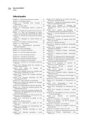 iv   RELATÓRIO OE2013
     Índice




     Índicedequadros
     Quadro I.1.1. Crescimento económico mundial............. 11                            Quadro II.4.10. Impacto de um aumento das taxas
     Quadro I.1.2. Despesa nacional .................................... 15                   de juro em 1 ponto percentual ................................... 83
                                                                                            Quadro III.1.1. Contas das administrações públicas
     Quadro I.1.3. População ativa, emprego e
       desemprego ............................................................... 15          (ótica da contabilidade nacional) ............................... 90
                                                                                            Quadro III.1.2. Receitas e despesas das
     Quadro I.1.4. IPC e IHPC .............................................. 16
                                                                                              administrações públicas (ótica da contabilidade
     Quadro I.1.5. Produtividade, salários e custos do                                        pública) ...................................................................... 91
       trabalho ...................................................................... 17
                                                                                            Quadro III.1.3. Quadro de passagem da
     Quadro I.1.6. Quotas de mercado e termos de troca .... 17                                contabilidade pública à contabilidade nacional ......... 92
     Quadro I.1.7. Peso das exportações de alguns                                           Quadro III.1.4. Grandes Agregados do Orçamento do
       países nas exportações extracomunitárias e totais ... 19                               Estado........................................................................ 93
     Quadro I.1.8. Variação das componentes da balança                                      Quadro III.1.5. Evolução da receita fiscal 2012-2013,
       de bens ...................................................................... 20      por imposto ................................................................ 95
     Quadro I.1.9. Agregados de crédito bancário em                                         Quadro III.1.6. Evolução da despesa fiscal 2010-
       Portugal...................................................................... 20      2013, por imposto ...................................................... 98
     Quadro I.1.10. Crédito de cobrança duvidosa ............... 20                         Quadro III.1.7. Receita não fiscal ................................ 103
     Quadro I.1.11. Taxas de juro ......................................... 21              Quadro III.1.8. Despesa do Estado por classificação
     Quadro I.2.1. Enquadramento internacional –                                              económica ............................................................... 105
       principais hipóteses ................................................... 23          Quadro III.1.9. Despesa do Estado, por grandes
     Quadro I.2.2. PIB e importações ................................... 24                   agregados de despesa ............................................ 108
     Quadro I.2.3. Principais indicadores .............................. 24                 Quadro III.1.10. Despesa do Estado - classificação
     Quadro I.3.1. Eixos de atuação estruturais ................... 36                        funcional .................................................................. 110
                                                                                            Quadro III.1.11. Despesa do Estado - classificação
     Quadro I.3.2. Eixos de atuação sectorial ....................... 37                      orgânica ................................................................... 111
     Quadro II.2.1. Indicadores orçamentais ........................ 43                     Quadro III.1.12. Orçamento 2013 e estimativa 2012 –
     Quadro II.2.2. Receita e despesa estrutural .................. 44                        Serviços e Fundos Autónomos (excluindo EPR) ..... 113
     Quadro II.2.3. Dinâmica da dívida pública ..................... 44                     Quadro III.1.13. Orçamento 2013 e estimativa 2012 –
                                                                                              empresas públicas reclassificadas .......................... 114
     Quadro II.3.1. Medidas de consolidação orçamental
       em 2013 ..................................................................... 47     Quadro III.1.14. Estimativa do subsector dos
                                                                                              Serviços e Fundos Autónomos ................................ 116
     Quadro II.3.2. Redução parcial dos subsídios na
       função pública em 2013 ............................................. 48              Quadro III.1.15. Receitas e despesas da
                                                                                              administração local .................................................. 118
     Quadro      II.3.3.       Dados           de        emprego             nas
       administrações públicas............................................. 49              Quadro III.1.16. Receitas e despesas da
                                                                                              administração regional............................................. 120
     Quadro II.3.4. Redução parcial dos subsídios para
       aposentados e reformados em 2013 ......................... 51                        Quadro III.1.17. Principais receitas e despesas da
                                                                                              Segurança Social..................................................... 122
     Quadro II.3.5. Previsão dos encargos plurianuais
       com as PPP ............................................................... 56        Quadro III.2.1. Fluxos financeiros entre Portugal e a
                                                                                              União Europeia ........................................................ 125
     Quadro II.3.6. Encargos atualizados das PPP
       rodoviárias 2012-2013 ............................................... 57             Quadro III.3.1. Estrutura da dívida direta do Estado ... 127
     Quadro II.3.7. Indemnizações compensatórias ............. 58                           Quadro III.3.2. Composição do financiamento em
                                                                                              2012 ......................................................................... 129
     Quadro II.3.8. Redução de despesa com aquisição
       de bens de investimento ............................................ 59              Quadro III.3.3. Necessidades e fontes de
                                                                                              financiamento do Estado em 2013 .......................... 130
     Quadro II.3.9. Distribuição de rendimento declarado .... 66
                                                                                            Quadro III.3.4. Composição do financiamento em
     Quadro II.4.1. Dívida das empresas públicas não
                                                                                              2013 ......................................................................... 131
       reclassificadas nas AP ............................................... 74
                                                                                            Quadro III.3.5. Situação da tesouraria – saldos
     Quadro II.4.2. Dívida das principais empresas não
                                                                                              pontuais ................................................................... 133
       financeiras não reclassificadas nas AP stock em
       final de junho de 2012 ............................................... 75            Quadro III.3.6. Centralização de fundos de terceiros
                                                                                              – contas da tesouraria ............................................. 134
     Quadro II.4.3. Necessidades de refinanciamento das
       empresas não reclassificadas.................................... 76                  Quadro IV.1.1. Despesa – por programas
                                                                                              orçamentais ............................................................. 136
     Quadro II.4.4. Instrumentos de gestão de risco
       financeiro ................................................................... 77    Quadro IV.1.2. Despesa – por atividades.................... 137
     Quadro II.4.5. Serviço da dívida .................................... 77               Quadro IV.1.3. Projetos – por tipo de despesa e
                                                                                              fonte de financiamento ............................................ 137
     Quadro II.4.6. Instrumentos de gestão de risco
       financeiro ................................................................... 78    Quadro IV.1.4. Projetos – por ministérios.................... 138
     Quadro II.4.7. Empresas não reclassificadas com                                        Quadro IV.1.5. Projetos por programa e fontes de
       capital próprio reduzido.............................................. 79              financiamento .......................................................... 138
     Quadro II.4.8. Garantias concedidas ao sector                                          Quadro IV.1.6. Projetos novos e em curso.................. 139
       bancário ..................................................................... 80    Quadro IV.1.7. Projetos por agrupamento económico 140
     Quadro II.4.9. Garantias concedidas a outras                                           Quadro IV.1.8. Projetos – regionalização – ótica
       entidades ................................................................... 81       NUTS I e II ............................................................... 140
 