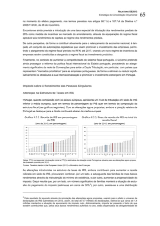 RELATÓRIO OE2013
                                                                                           Estratégia de Consolidação Orçamental           65
no momento do efetivo pagamento, nos termos previstos nos artigos 66.º b) e 167.º-A da Diretiva n.º
2006/112/CE, de 28 de novembro.

Encontra-se ainda prevista a introdução de uma taxa especial de tributação dos rendimentos prediais de
28% como medida de incentivar ao mercado do arrendamento, através da equiparação do regime fiscal
aplicável aos rendimentos de capitais ao regime dos rendimentos prediais.

De outra perspetiva, de forma a contribuir ativamente para o relançamento da economia nacional, é lan-
çado um conjunto de autorizações legislativas que visam promover o investimento das empresas, permi-
tindo o alargamento do regime fiscal previsto no RFAI até 2017, criando um novo regime de incentivos às
empresas recém constituídas e alargando o regime fiscal ao investimento produtivo.

Finalmente, no contexto de aumentar a competitividade do sistema fiscal português, o Governo pretende
ainda prosseguir a reforma da política fiscal internacional do Estado português, procedendo ao alarga-
mento significativo da rede de Convenções para evitar a Dupla Tributação, em particular, com países que
representem “mercados prioritários” para as empresas portuguesas, de forma a eliminar ou reduzir signifi-
cativamente os obstáculos à sua internacionalização e promover o investimento estrangeiro em Portugal.



Imposto sobre o Rendimento das Pessoas Singulares

Alteração na Estrutura de Taxas em IRS

Portugal, quando comparado com os países europeus, apresenta um nível de tributação em sede de IRS
inferior à média europeia, quer em termos de percentagem do PIB quer em termos de composição da
estrutura fiscal (ver gráficos seguintes). Com as alterações agora propostas, embora a posição relativa de
Portugal se desloque para a direita continuará abaixo da média europeia.

    Gráfico II.3.2. Receita de IRS em percentagem                     Gráfico II.3.3. Peso da receita do IRS no total da
                         do PIB                                                          receita fiscal
              (ano de 2010, em percentagem)                                          (ano de 2010, em percentagem)
    18                                                                   60
    16
                                                                         50
    14
    12                                                                   40
    10
                                                                         30
     8
     6                                                                   20
     4
                                                                         10
     2
     0                                                                    0
            BE
            RO




             SI




             FI
             EL


          PT(i)




            NL
            FR
            BG




             PL




             IE
             LT




            AT

             IT
            SK




         EU-27
            LU
            DE



            UK
           HU
          PT(f)




            SE
            EE



            LV


            ES
            CY




           MT
            CZ




                                                                                 LV
                                                                                 CY
                                                                                 RO




                                                                                 BE
                                                                                 CZ
                                                                                 BG




                                                                                 AT
                                                                                 PL




                                                                                 DK
                                                                                 FR
                                                                                 LT




                                                                                 DE
                                                                                 SK




                                                                               PT(i)




                                                                              EU-27




                                                                                 UK
                                                                                 LU




                                                                                  IE
                                                                                  IT
                                                                                HU


                                                                                MT




                                                                                 SE
                                                                                 EE




                                                                               PT(f)
                                                                                 NL


                                                                                 ES
                                                                                  SI




                                                                                  FI
                                                                                 EL




Notas: PT(i) corresponde há situação inicial e PT(f) à estimativa da situação onde Portugal se situaria caso as alterações agora propos-
tas tivessem ocorrido em 2010.
Fontes: Taxation trends in the European Union (2012) e Ministério das Finanças.

As alterações introduzidas na estrutura de taxas de IRS, embora contribuam para aumentar a receita
cobrada em sede de IRS, procuraram combinar, por um lado, a salvaguarda das famílias de mais baixos
rendimentos através da manutenção do mínimo de existência, e por outro, aumentar a progressividade do
imposto. Daqui resulta que, por um lado, um número significativo de famílias manterá a situação de exclu-
são do pagamento do imposto (estima-se em cerca de 30% 5), por outro, assiste-se a uma distribuição



5
 Este resultado foi apurado através da simulação das alterações agora propostas, usando para o efeito o universo de
declarações de IRS submetidas em 2012, assim, do total de 4,7 milhões de declarações, estima-se que cerca de 1,4
milhões mantenha a situação de apuramento de imposto nulo. Adicionalmente, importa ter presente o facto de que
existem contribuintes que, pelos seus baixos rendimentos auferidos no ano, estão dispensados da obrigatoriedade de
 
