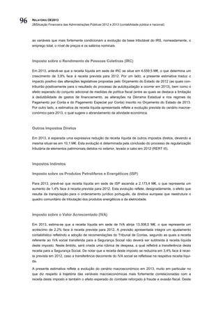 96   RELATÓRIO OE2013
     2BSituação Financeira das Administrações Públicas 2012 e 2013 (contabilidade pública e nacional)




     as variáveis que mais fortemente condicionam a evolução da base tributável do IRS, nomeadamente, o
     emprego total, o nível de preços e os salários nominais.



     Imposto sobre o Rendimento de Pessoas Coletivas (IRC)

     Em 2013, antevê-se que a receita líquida em sede de IRC se situe em 4.559,5 M€, o que determina um
     crescimento de 3,9% face à receita prevista para 2012. Por um lado, a presente estimativa traduz o
     impacto positivo das alterações legislativas propostas pelo Orçamento do Estado de 2012 (as quais con-
     tribuirão positivamente para o resultado do processo de autoliquidação a ocorrer em 2013), bem como o
     efeito esperado do conjunto adicional de medidas de política fiscal (entre as quais se destaca a limitação
     à dedutibilidade de gastos de financiamento, as alterações na Derrama Estadual e nos regimes do
     Pagamento por Conta e do Pagamento Especial por Conta) inscrito no Orçamento do Estado de 2013.
     Por outro lado, a estimativa de receita líquida apresentada reflete a evolução prevista do cenário macroe-
     conómico para 2013, o qual sugere o abrandamento da atividade económica.



     Outros Impostos Diretos

     Em 2013, é esperada uma expressiva redução da receita líquida de outros impostos diretos, devendo a
     mesma situar-se em 10,1 M€. Esta evolução é determinada pela conclusão do processo de regularização
     tributária de elementos patrimoniais detidos no exterior, levado a cabo em 2012 (RERT III).



     Impostos Indiretos

     Imposto sobre os Produtos Petrolíferos e Energéticos (ISP)

     Para 2013, prevê-se que receita líquida em sede de ISP ascenda a 2.173,4 M€, o que representa um
     aumento de 1,4% face à receita prevista para 2012. Esta evolução reflete, designadamente, o efeito que
     resulta da transposição para o ordenamento jurídico português, da diretiva europeia que reestrutura o
     quadro comunitário de tributação dos produtos energéticos e da eletricidade.



     Imposto sobre o Valor Acrescentado (IVA)

     Em 2013, estima-se que a receita líquida em sede de IVA atinja 13.308,0 M€, o que representa um
     acréscimo de 2,2% face à receita prevista para 2012. A previsão apresentada integra um ajustamento
     contabilístico refletindo a adoção de recomendações do Tribunal de Contas, segundo as quais a receita
     referente ao IVA social transferida para a Segurança Social não deverá ser subtraída à receita líquida
     deste imposto. Neste âmbito, será criada uma rúbrica de despesa, a qual refletirá a transferência desta
     receita para a Segurança Social. De notar que a receita deste imposto se reduziria em 3,4% face à recei-
     ta prevista em 2012, caso a transferência decorrente do IVA social se refletisse na respetiva receita líqui-
     da.

     A presente estimativa reflete a evolução do cenário macroeconómico em 2013, muito em particular no
     que diz respeito à trajetória das variáveis macroeconómicas mais fortemente correlacionadas com a
     receita deste imposto e também o efeito esperado do combate reforçado à fraude e evasão fiscal. Deste
 