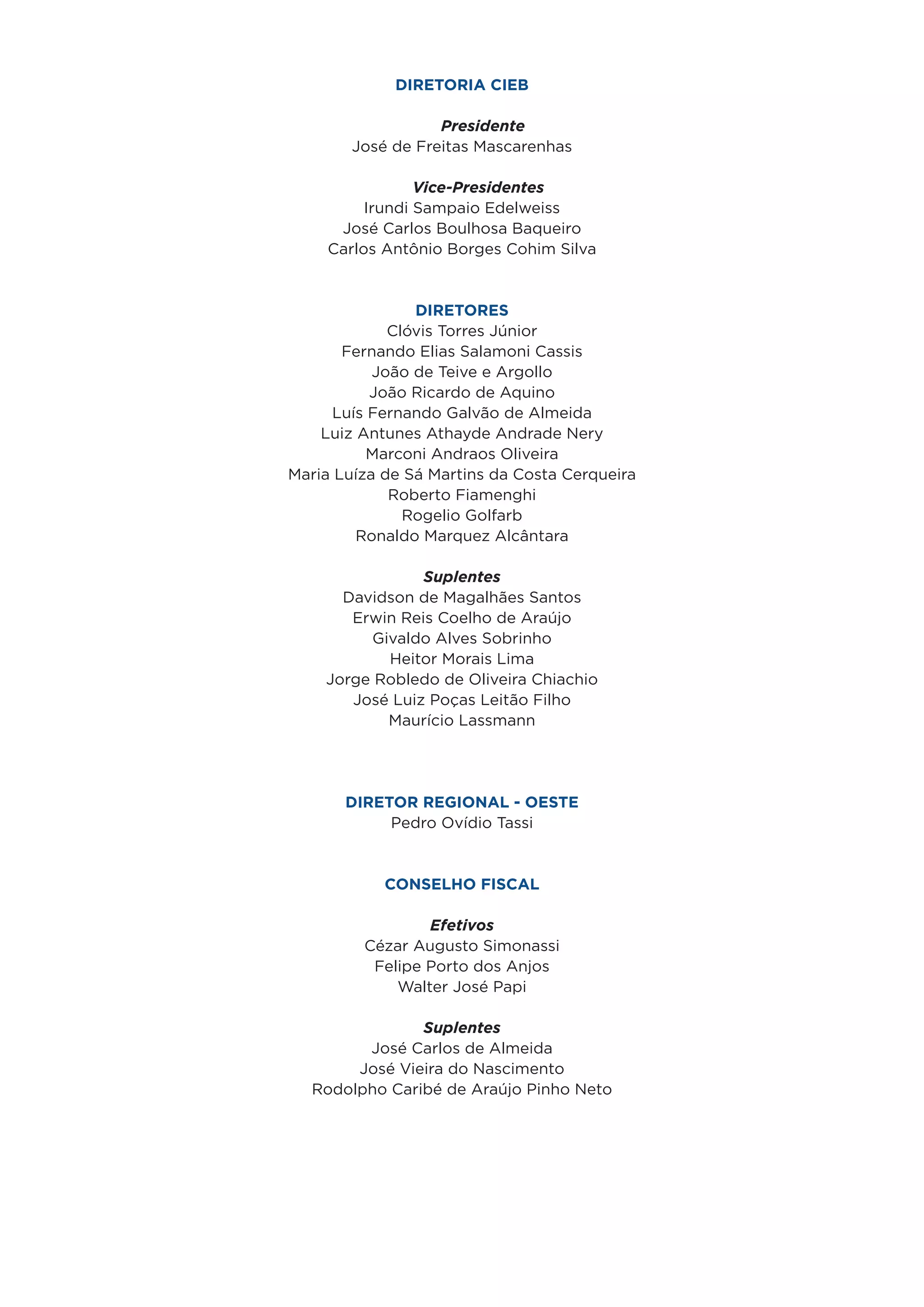 Diretoria CIEB

                   Presidente
        José de Freitas Mascarenhas

                 Vice-Presidentes
          Irundi Sampaio Edelweiss
      José Carlos Boulhosa Baqueiro
     Carlos Antônio Borges Cohim Silva


                Diretores
             Clóvis Torres Júnior
       Fernando Elias Salamoni Cassis
           João de Teive e Argollo
          João Ricardo de Aquino
     Luís Fernando Galvão de Almeida
    Luiz Antunes Athayde Andrade Nery
          Marconi Andraos Oliveira
Maria Luíza de Sá Martins da Costa Cerqueira
             Roberto Fiamenghi
               Rogelio Golfarb
         Ronaldo Marquez Alcântara

                Suplentes
      Davidson de Magalhães Santos
       Erwin Reis Coelho de Araújo
         Givaldo Alves Sobrinho
           Heitor Morais Lima
    Jorge Robledo de Oliveira Chiachio
       José Luiz Poças Leitão Filho
           Maurício Lassmann




       DIRETOR REGIONAL - OESTE
            Pedro Ovídio Tassi


            Conselho Fiscal

                 Efetivos
         Cézar Augusto Simonassi
          Felipe Porto dos Anjos
             Walter José Papi

                Suplentes
         José Carlos de Almeida
        José Vieira do Nascimento
   Rodolpho Caribé de Araújo Pinho Neto
 