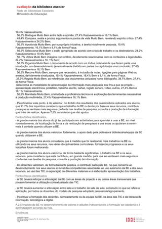 19,4% Razoavelmente;
. 56,5% Distingue Muito Bem entre facto e opinião, 27,4% Razoavelmente e 16,1% Bem.
. 48,4% Compara, avalia e produz argumentos e pontos de vista Muito Bem, revelando espírito crítico, 27,4%
Razoavelmente e 24,2% Bem;
. 56,5% Aprofunda Muito Bem, por sua própria iniciativa, a tarefa inicialmente proposta, 19,4%
Razoavelmente, 16,1% Bem e 8,1% de forma Fraca;
. 56,5% Selecciona Muito Bem o estilo apropriado de acordo com o tipo de trabalho e os destinatários, 24,2%
Razoavelmente e 19,4% Bem;
. 56, 7% Utiliza Muito Bem imagens com critério, devidamente relacionadas com os conteúdos e legendadas,
24,2% Razoavelmente e 16, 1% Bem;
. 56,5% Organiza Muito Bem o documento de acordo com um índice ordenado de que fazem parte uma
introdução, um desenvolvimento (eventualmente dividido em partes ou capítulos) e uma conclusão, 27,4%
Razoavelmente e 16,1% Bem.
. 56,5% Recorre Muito Bem, sempre que necessário, à inclusão de notas, ligações para páginas Web ou
anexos, devidamente sinalizados, 19,4% Razoavelmente, 16,4% Bem e 8,1%, de forma Fraca.
.33,9% Regista Muito Bem, as referências dos documentos utilizados numa bibliografia, 38,7% Bem, 27,4%,
de forma Fraca.
.Selecciona as modalidade de apresentação da informação mais adequada aos fins a que se propõe –
apresentação electrónica, portefólio, trabalho escrito, cartaz, registo sonoro, vídeo, outros, 27,4% Bem e
16,1% Razoavelmente.
. 56,5% Manifesta Muito Bem, criatividade e proficiência técnica na exploração das ferramentas necessárias
à produção multimédia, 27,4% Razoavelmente e 16,1% Bem.

- Para finalizar este ponto, é de salientar, no âmbito dos resultados dos questionários aplicados aos alunos,
que 91,7% dos inquiridos considerou que o trabalho da BE ou tendo por base os seus recursos, contribuiu
para que se sentisse mais seguro e confiante nas tarefas de pesquisa, consulta e produção de informação
que tinha de realizar. Apenas 7,5% considerou que não ajudou.
Pontos fortes identificados
- A grande maioria dos alunos diz já ter participado em actividades para aprender a usar a BE, ao nível
nomeadamente, da localização de livros e da realização de pesquisas e que estas os ajudaram a sentir-
mais à vontade quando utilizam a BE.

- A grande maioria dos alunos valorizou, fortemente, o apoio dado pela professora bibliotecária/equipa da BE
quando utilizaram a BE.

- A grande maioria dos alunos considerou que à medida que foi realizando mais trabalhos na BE ou
utilizando os seus recursos, nas várias disciplinas/área curriculares, foi fazendo progressos e os seus
trabalhos foram melhorando.

- A grande maioria dos alunos valorizou, de forma bastante significativa, o trabalho na BE e os seus
recursos, pois considerou que esta contribuiu, em grande medida, para que se sentissem mais seguros e
confiantes nas tarefas da pesquisa, consulta e produção de informação.

- Os docentes valorizam, de forma bastante positiva, o contributo dado pela BE, no que concerne ao
desenvolvimento nos seus alunos ao nível das competências associadas ao uso autónomo da BE e dos seus
recursos, ao uso das TIC, à exploração de diferentes materiais e à elaboração/ apresentação dos trabalhos.
Pontos fracos identificados
- A BE deverá reforçar a articulação da BE com as áreas de projecto e ou outras áreas transversais que
possam fomentar a utilização contextualizada das TIC.

- A BE deverá aumentar a articulação entre esta e o trabalho de sala de aula, sobretudo no que se refere à
aplicação, por todos os docentes, do modelo de pesquisa adoptado pela escola/agrupamento.

- Incentivar a formação dos docentes, nomeadamente os da equipa da BE, na área das TIC e da literacia da
informação, tecnológica e digital.
A.2.5 Impacto da BE no desenvolvimento de valores e atitudes indispensáveis à formação da cidadania e à
aprendizagem ao longo da vida.
Evidências
 Relatório de avaliação
 808125 Escola Básica Integrada Prof. Dr. Aníbal Cavaco Silva
 2011/07/26 14:27:28
 11/58
 