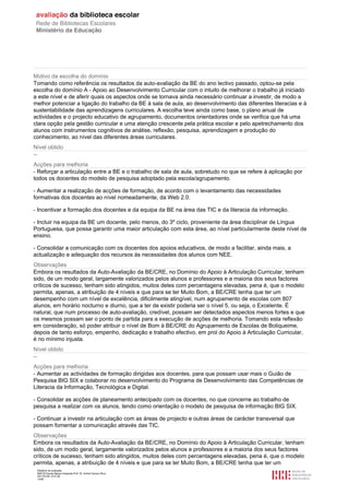 Motivo da escolha do domínio
Tomando como referência os resultados da auto-avaliação da BE do ano lectivo passado, optou-se pela
escolha do domínio A - Apoio ao Desenvolvimento Curricular com o intuito de melhorar o trabalho já iniciado
a este nível e de aferir quais os aspectos onde se tornava ainda necessário continuar a investir, de modo a
melhor potenciar a ligação do trabalho da BE à sala de aula, ao desenvolvimento das diferentes literacias e à
sustentabilidade das aprendizagens curriculares. A escolha teve ainda como base, o plano anual de
actividades e o projecto educativo de agrupamento, documentos orientadores onde se verifica que há uma
clara opção pela gestão curricular e uma atenção crescente pela prática escolar e pelo apetrechamento dos
alunos com instrumentos cognitivos de análise, reflexão, pesquisa, aprendizagem e produção do
conhecimento, ao nível das diferentes áreas curriculares.
Nível obtido
--
Acções para melhoria
- Reforçar a articulação entre a BE e o trabalho de sala de aula, sobretudo no que se refere à aplicação por
todos os docentes do modelo de pesquisa adoptado pela escola/agrupamento.

- Aumentar a realização de acções de formação, de acordo com o levantamento das necessidades
formativas dos docentes ao nível nomeadamente, da Web 2.0.

- Incentivar a formação dos docentes e da equipa da BE na área das TIC e da literacia da informação.

- Incluir na equipa da BE um docente, pelo menos, do 3º ciclo, proveniente da área disciplinar de Língua
Portuguesa, que possa garantir uma maior articulação com esta área, ao nível particularmente deste nível de
ensino.

- Consolidar a comunicação com os docentes dos apoios educativos, de modo a facilitar, ainda mais, a
actualização e adequação dos recursos às necessidades dos alunos com NEE.
Observações
Embora os resultados da Auto-Avaliação da BE/CRE, no Domínio do Apoio à Articulação Curricular, tenham
sido, de um modo geral, largamente valorizados pelos alunos e professores e a maioria dos seus factores
críticos de sucesso, tenham sido atingidos, muitos deles com percentagens elevadas, pena é, que o modelo
permita, apenas, a atribuição de 4 níveis e que para se ter Muito Bom, a BE/CRE tenha que ter um
desempenho com um nível de excelência, dificilmente atingível, num agrupamento de escolas com 807
alunos, em horário nocturno e diurno, que a ter de existir poderia ser o nível 5, ou seja, o Excelente. É
natural, que num processo de auto-avaliação, credível, possam ser detectados aspectos menos fortes e que
os mesmos possam ser o ponto de partida para a execução de acções de melhoria. Tomando esta reflexão
em consideração, só poder atribuir o nível de Bom à BE/CRE do Agrupamento de Escolas de Boliqueime,
depois de tanto esforço, empenho, dedicação e trabalho efectivo, em prol do Apoio à Articulação Curricular,
é no mínimo injusta.
Nível obtido
--
Acções para melhoria
- Aumentar as actividades de formação dirigidas aos docentes, para que possam usar mais o Guião de
Pesquisa BIG SIX e colaborar no desenvolvimento do Programa de Desenvolvimento das Competências de
Literacia da Informação, Tecnológica e Digital.

- Consolidar as acções de planeamento antecipado com os docentes, no que concerne ao trabalho de
pesquisa a realizar com os alunos, tendo como orientação o modelo de pesquisa de informação BIG SIX.

- Continuar a investir na articulação com as áreas de projecto e outras áreas de carácter transversal que
possam fomentar a comunicação através das TIC.
Observações
Embora os resultados da Auto-Avaliação da BE/CRE, no Domínio do Apoio à Articulação Curricular, tenham
sido, de um modo geral, largamente valorizados pelos alunos e professores e a maioria dos seus factores
críticos de sucesso, tenham sido atingidos, muitos deles com percentagens elevadas, pena é, que o modelo
permita, apenas, a atribuição de 4 níveis e que para se ter Muito Bom, a BE/CRE tenha que ter um
 Relatório de avaliação
 808125 Escola Básica Integrada Prof. Dr. Aníbal Cavaco Silva
 2011/07/26 14:27:28
 13/58
 