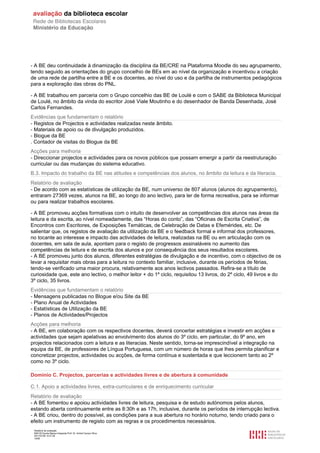 - A BE deu continuidade à dinamização da disciplina da BE/CRE na Plataforma Moodle do seu agrupamento,
tendo seguido as orientações do grupo concelhio de BEs em ao nível da organização e incentivou a criação
de uma rede de partilha entre a BE e os docentes, ao nível do uso e da partilha de instrumentos pedagógicos
para a exploração das obras do PNL.

- A BE trabalhou em parceria com o Grupo concelhio das BE de Loulé e com o SABE da Biblioteca Municipal
de Loulé, no âmbito da vinda do escritor José Viale Moutinho e do desenhador de Banda Desenhada, José
Carlos Fernandes.
Evidências que fundamentam o relatório
- Registos de Projectos e actividades realizadas neste âmbito.
- Materiais de apoio ou de divulgação produzidos.
- Blogue da BE
. Contador de visitas do Blogue da BE
Acções para melhoria
- Direccionar projectos e actividades para os novos públicos que possam emergir a partir da reestruturação
curricular ou das mudanças do sistema educativo.
B.3. Impacto do trabalho da BE nas atitudes e competências dos alunos, no âmbito da leitura e da literacia.
Relatório de avaliação
- De acordo com as estatísticas de utilização da BE, num universo de 807 alunos (alunos do agrupamento),
entraram 27369 vezes, alunos na BE, ao longo do ano lectivo, para ler de forma recreativa, para se informar
ou para realizar trabalhos escolares.

- A BE promoveu acções formativas com o intuito de desenvolver as competências dos alunos nas áreas da
leitura e da escrita, ao nível nomeadamente, das “Horas do conto”, das “Oficinas de Escrita Criativa”, de
Encontros com Escritores, de Exposições Temáticas, de Celebração de Datas e Efemérides, etc. De
salientar que, os registos de avaliação da utilização da BE e o feedback formal e informal dos professores,
no tocante ao interesse e impacto das actividades de leitura, realizadas na BE ou em articulação com os
docentes, em sala de aula, apontam para o registo de progressos assinaláveis no aumento das
competências de leitura e de escrita dos alunos e por consequência dos seus resultados escolares.
- A BE promoveu junto dos alunos, diferentes estratégias de divulgação e de incentivo, com o objectivo de os
levar a requisitar mais obras para a leitura no contexto familiar, inclusive, durante os períodos de férias,
tendo-se verificado uma maior procura, relativamente aos anos lectivos passados. Refira-se a título de
curiosidade que, este ano lectivo, o melhor leitor + do 1º ciclo, requisitou 13 livros, do 2º ciclo, 49 livros e do
3º ciclo, 35 livros.
Evidências que fundamentam o relatório
- Mensagens publicadas no Blogue e/ou Site da BE
- Plano Anual de Actividades
- Estatísticas de Utilização da BE
- Planos de Actividades/Projectos
Acções para melhoria
- A BE, em colaboração com os respectivos docentes, deverá concertar estratégias e investir em acções e
actividades que sejam apelativas ao envolvimento dos alunos do 3º ciclo, em particular, do 9º ano, em
projectos relacionados com a leitura e as literacias. Neste sentido, torna-se imprescindível a integração na
equipa da BE, de professores de Língua Portuguesa, com um número de horas que lhes permita planificar e
concretizar projectos, actividades ou acções, de forma contínua e sustentada e que leccionem tanto ao 2º
como no 3º ciclo.

Domínio C. Projectos, parcerias e actividades livres e de abertura à comunidade

C.1. Apoio a actividades livres, extra-curriculares e de enriquecimento curricular
Relatório de avaliação
- A BE fomentou e apoiou actividades livres de leitura, pesquisa e de estudo autónomos pelos alunos,
estando aberta continuamente entre as 8:30h e as 17h, inclusive, durante os períodos de interrupção lectiva.
- A BE criou, dentro do possível, as condições para a sua abertura no horário noturno, tendo criado para o
efeito um instrumento de registo com as regras e os procedimentos necessários.
 Relatório de avaliação
 808125 Escola Básica Integrada Prof. Dr. Aníbal Cavaco Silva
 2011/07/26 14:27:28
 19/58
 