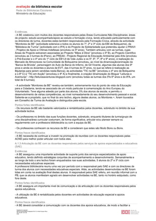 Evidências
- A BE colaborou com muitos dos docentes responsáveis pelas Áreas Curriculares Não Disciplinares: áreas
de projecto; estudo acompanhado/apoio ao estudo e formação cívica, tendo articulado particularmente com
os directores de turma, docentes estes também responsáveis pela Formação Cívica, através da actividade
“Monitores da BE” (actividade extensiva a todos os alunos do 1º, 2º e 3º ciclo da EBI de Boliqueime), da
“Biblioteca de Turma” (actividade com o 8ºA) e do Projecto de Solidariedade que pretendeu ajudar o PRAVI
- Projetco de Apoio a Vítimas Indefesas (envolveu os 5º anos). Também articulou com as turmas, cujas
Áreas de Projecto estiveram associadas ao Projecto “Mãos à Obra” (envolveu o 5º B), ao Projecto Científico
(envolveu as 3 turmas do 8ºano), ao PREAA - Projecto Regional de Educação Ambiental pela Arte (envolveu
o Pré-Escolar e o 4º ano do 1º ciclo da EB1/JI de Vale Judeu e os 5º, 6º, 7º, 8º e 9º anos), à realização do
Mercado de Almocreves na Comunidade de Boliqueime (envolveu, ao nível da dinamização/animação da
“Banca da Brízida”, personagem do Auto da Barca do Inferno, de Gil Vicente, algumas das alunas dos 9º
anos e ainda os docentes e alunos de EVT, das 4 turmas do 5º anos, no que se refere à realização as
Bijutarias para serem vendidas nesta Banca), às actividades “TIC na BE” (envolveu o 4º ano de Boliqueime
e o 8º C) e “TIC em Acção” (envolveu o 8º A) e finalmente, à criação/ dinamização do Blogue “Leituras e
Aventuras” - http://leiturasaventuras.blogspot.com/ (envolveu todas as turmas dos 5ºe 6º anos e do 8ºA, um
total de 9 turmas).

- A actividade “Monitores da BE” revelou-se também, extremamente rica do ponto de vista da Educação
para a Cidadania, tendo-se associado de um modo particular à comemoração do Ano Europeu do
Voluntariado. Teve alguma adesão por parte dos alunos, 5% dos alunos da escola, e permitiu o
desenvolvimento de várias competências, ao nível nomeadamente do seu desenvolvimento pessoal e social.
Saliente-se a propósito, que no final do ano lectivo, alguns destes alunos, os Monitores +, foram louvados
em Conselho de Turma de Avaliação e distinguidos pela escola.
Pontos fortes identificados
- Os recursos da BE são bastante valorizados e rentabilizados pelos docentes, sobretudo no âmbito da sua
actividade lectiva.

- Os professores no âmbito das suas funções docentes, sobretudo, enquanto titulares de turma/grupo de
uma disciplina/área curricular costumam, de forma significativa, articular e/ou planear sempre ou
regularmente com a professora bibliotecária ou com a equipa da BE.

- Os professores conhecem os recursos da BE e consideram que estes são Muito Bons ou Bons.
Pontos fracos identificados
- A BE necessita de continuar a investir na promoção de reuniões com os docentes responsáveis pelas
ACND para melhor poder articular com todos eles.
A.1.3 Articulação da BE com os docentes responsáveis pelos serviços de apoios especializados e educativos
(SAE)
Evidências
- A BE assegurou uma importante actividade de suporte junto dos serviços especializados de apoio
educativo, tendo definido estratégias conjuntas de acompanhamento e desenvolvimento. Semanalmente e
ao longo de todo o ano lectivo foram enquadrados nas suas actividades, 5 alunos do 2º e 3º ciclo com
necessidades educativas especiais.
A professora bibliotecária reuniu uma vez por período com a responsável pelo SAE e com os directores de
turma dos alunos com necessidades educativas especiais. Aliás, as actividades desenvolvidas na BE foram
tidas em conta na avaliação final destes alunos. A responsável pelos SAE referiu, em reunião informal com a
PB, que os alunos manifestam agrado em desenvolver actividades na BE, tanto no horário estipulado, como
fora deste.
Pontos fortes identificados
- A BE assegura um importante nível de comunicação e de articulação com os docentes responsáveis pelos
apoios educativos.

- A utilização da BE é rentabilizada pelos docentes em actividades de educação especial e apoios
educativos.
Pontos fracos identificados
- A BE deverá consolidar a comunicação com os docentes dos apoios educativos, de modo a facilitar a
 Relatório de avaliação
 808125 Escola Básica Integrada Prof. Dr. Aníbal Cavaco Silva
 2011/07/26 14:27:28
 4/58
 