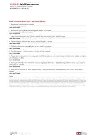 GO1. Grelha de observação – Valores e atitudes
1. Manifesta autonomia no trabalho
(p. ex. não está sempre a pedir ajuda)
sem respostas
2. Manifesta motivação e interesse pelas tarefas atribuídas
(p. ex. mostra-se focado na tarefa e não se dispersa)
sem respostas
3. Segue as orientações e sugestões dadas pelo docente ou pela equipa da BE.
sem respostas
4. Gere de forma adequada o tempo disponível para a tarefa.
sem respostas
5. Trabalha de forma adequada em grupo, ajuda os colegas.
sem respostas
6. Partilha ideias e conhecimentos com os outros colegas.
sem respostas
7. Assume um comportamento adequado na biblioteca (p. ex., revela cortesia no tratamento, segue as regras
de utilização da BE).
sem respostas
8. Interage em ambientes em linha, cumpre regras de utilização e adopta comportamentos de segurança na
utilização da Internet.
sem respostas
9. Respeita os direitos de autor, identificando a autoria das fontes de informação utilizadas e recusando o
plágio.
sem respostas
Nota
A grelha pode ser usada numa mesma ocasião ou em situações distintas; pode ser utilizada para registo individual ou relativo às competências globalmente demonstradas por
um determinado grupo. Devem ser seleccionadas as competências (em função do ano/ ciclo de escolaridade) mais significativas para a observação a realizar. Esta análise
pode ser realizada em colaboração com o docente da turma. A grelha pode também ser utilizada para obter uma perspectiva diacrónica sobre um determinado aluno ou grupo
de alunos. Neste caso, no cabeçalho identifica-se o aluno/ os alunos e nas colunas indica-se a data em que é realizada a observação, possibilitando o registo do panorama ao
longo de um ano lectivo, por exemplo. Assim, a primeira observação corresponderá à situação inicial do aluno ou grupo de alunos, servindo de referência e de elemento de
comparação na análise evolutiva. Nos 1º e 2º ciclos do Ensino Básico algumas das competências listadas devem ser trabalhadas com o apoio do professor e/ou da BE.O
registo das observações diz respeito ao total de níveis 1, 2, 3 ou 4 atribuídos em cada item ao conjunto dos alunos ou grupos observados. Se se pretender discriminar essas
observações por grupo ou aluno, terão de ser enviados aos responsáveis pela observação tantos exemplares quantos os grupos ou alunos a observar.




  Relatório de avaliação
  808125 Escola Básica Integrada Prof. Dr. Aníbal Cavaco Silva
  2011/07/26 14:27:28
  51/58
 