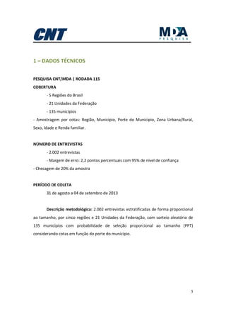 3
1 – DADOS TÉCNICOS
PESQUISA CNT/MDA | RODADA 115
COBERTURA
- 5 Regiões do Brasil
- 21 Unidades da Federação
- 135 municípios
- Amostragem por cotas: Região, Município, Porte do Município, Zona Urbana/Rural,
Sexo, Idade e Renda familiar.
NÚMERO DE ENTREVISTAS
- 2.002 entrevistas
- Margem de erro: 2,2 pontos percentuais com 95% de nível de confiança
- Checagem de 20% da amostra
PERÍODO DE COLETA
31 de agosto a 04 de setembro de 2013
Descrição metodológica: 2.002 entrevistas estratificadas de forma proporcional
ao tamanho, por cinco regiões e 21 Unidades da Federação, com sorteio aleatório de
135 municípios com probabilidade de seleção proporcional ao tamanho (PPT)
considerando cotas em função do porte do município.
 