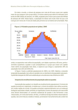 Relatório Global da OMS sobre Prevenção de Quedas na Velhice

Em todo o mundo, o número de pessoas com mais de 60 anos cresce com rapidez
maior do que qualquer outro grupo etário. O número desse grupo etário foi estimado como
sendo de 688 milhões de pessoas, em 2006, projetado para crescer para quase dois bilhões
de pessoas até 2050. Nessa época, a população de idosos será muito maior do que a de
crianças com menos de 14 anos de idade pela primeira vez na história da humanidade. Mais

ainda, os segmentos mais velhos da população, com idades superiores a 80 anos, particularmente suscetíveis a quedas e suas conseqüências é o grupo que cresce com rapidez
maior dentro da população mais idosa, e espera-se que chegue a representar 20% da
população mais velha até 2050 (35).
A Figura 2 ilustra a pirâmide populacional em 2005 e em 2025. Salienta a crescente
proporção da população mais velha em paralelo com um decréscimo da população mais jovem.
A pirâmide triangular de 2005 será substituída por uma estrutura mais cilíndrica em 2025.
Impacto do envelhecimento da população sobre as quedas
A prevenção das quedas é um desafio ao envelhecimento populacional. O número de
quedas aumenta em magnitude, à medida que o número de adultos mais velhos aumenta,
em muitas nações do mundo. As quedas aumentam exponencialmente com as mudanças
biológicas associadas à idade, portanto um significativo número de pessoas com mais de 80
anos deverá desencadear um aumento substancial de quedas e dos ferimentos a elas
relacionados, em níveis alarmantes. De fato, a incidência de algumas lesões relacionadas às
quedas, tais como fraturas e lesões à medula, aumentaram marcantemente até a ordem de

12

 