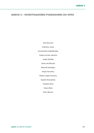 163
Saúde um direito humano
anexo 3
ANEXO 3 – INVESTIGADORES FUNDADORES DO OPSS
Ana Escoval
Cipriano Justo
Constantino Sakellarides
Jorge Correia Jesuíno
Jorge Simões
José Luís Biscaia
Manuel Schiappa
Paulo Ferrinho
Pedro Lopes Ferreira
Suzete Gonçalves
Teodoro Briz
Vasco Reis
Vítor Ramos
 