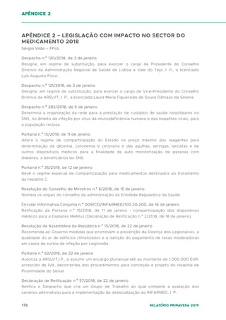 176 Relatório Primavera 2019
APÊNDICE 2 – LEGISLAÇÃO COM IMPACTO NO SECTOR DO
MEDICAMENTO 2018
Sérgio Vilão – FFUL
Despacho n.º 120/2018, de 3 de janeiro
Designa, em regime de substituição, para exercer o cargo de Presidente do Conselho
Diretivo da Administração Regional de Saúde de Lisboa e Vale do Tejo, I. P., o licenciado
Luís Augusto Pisco.
Despacho n.º 121/2018, de 3 de janeiro
Designa, em regime de substituição, para exercer o cargo de Vice-Presidente do Conselho
Diretivo da ARSLVT, I. P., a licenciada Laura Maria Figueiredo de Sousa Dâmaso da Silveira.
Despacho n.º 283/2018, de 5 de janeiro
Determina a organização da rede para a prestação de cuidados de saúde hospitalares no
SNS, no âmbito da infeção por vírus da imunodeficiência humana e das hepatites virais, para
a população reclusa.
Portaria n.º 15/2018, de 11 de janeiro
Altera o regime de comparticipação do Estado no preço máximo dos reagentes para
determinação de glicemia, cetonemia e cetonúria e das agulhas, seringas, lancetas e de
outros dispositivos médicos para a finalidade de auto monitorização de pessoas com
diabetes, a beneficiários do SNS.
Portaria n.º 35/2018, de 12 de janeiro
Revê o regime especial de comparticipação para medicamentos destinados ao tratamento
da hepatite C.
Resolução do Conselho de Ministros n.º 6/2018, de 15 de janeiro
Nomeia os vogais do conselho de administração da Entidade Reguladora da Saúde.
Circular Informativa Conjunta n.º 009/CD/INFARMED/100.20.200, de 16 de janeiro
Retificação da Portaria n.º 15/2018, de 11 de janeiro - comparticipação dos dispositivos
médicos para a Diabetes Mellitus (Declaração de Retificação n.º 2/2018, de 18 de janeiro).
Resolução da Assembleia da República n.º 15/2018, de 22 de janeiro
Recomenda ao Governo medidas que promovam a prevenção da Doença dos Legionários, a
qualidade do ar de edifícios climatizados e a isenção do pagamento de taxas moderadoras
em casos de surtos de infeção por Legionella.
Portaria n.º 62/2018, de 22 de janeiro
Autoriza a ARSLVT,I.P., a assumir um encargo plurianual até ao montante de 1.000.000 EUR,
acrescido de IVA, decorrentes dos procedimentos para conceção e projeto do Hospital de
Proximidade do Seixal.
Declaração de Retificação n.º 57/2018, de 22 de janeiro
Retifica o Despacho que cria um Grupo de Trabalho ao qual compete a avaliação dos
cenários alternativos para a implementação da deslocalização do INFARMED, I. P.
apêndice 2
 