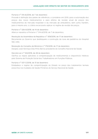 189
Saúde um direito humano
Portaria n.º 314-A/2018, de 7 de dezembro
Procede à definição dos países de referência, a considerar em 2019, para a autorização dos
preços dos novos medicamentos e para efeitos de revisão anual de preços dos
medicamentos do mercado hospitalar e do mercado de ambulatório, bem como mantém,
para o mesmo ano, o critério excecional a aplicar no regime de revisão de preços.
Portaria n.º 326-A/2018, de 14 de dezembro
Altera e republica a Portaria n.º 314-A/2018, de 7 de dezembro.
Resolução da Assembleia da República n.º 309/2018, de 17 de dezembro
Recomenda ao Governo que desbloqueie a construção da nova ala pediátrica do Hospital
São João.
Resolução do Conselho de Ministros n.º 175/2018, de 17 de dezembro
Designa José Henrique Dias Pinto Barros presidente do Conselho Nacional de Saúde.
Decreto-Lei n.º 124/2018, de 28 de dezembro
Clarifica as regras aplicáveis à comparticipação de medicamentos e dispositivos médicos
pelo Sistema de Proteção Social dos Trabalhadores em Funções Públicas.
Portaria n.º 337-C/2018, de 31 de dezembro
Estabelece o regime de comparticipação do Estado no preço dos tratamentos termais
prescritos nos Cuidados de Saúde Primários do Serviço Nacional de Saúde.
Legislação com impacto no sector do medicamento 2018
 