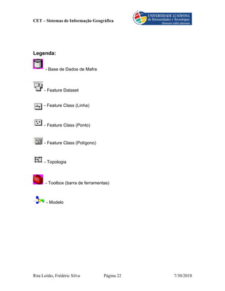 CET – Sistemas de Informação Geográfica




Legenda:


       - Base de Dados de Mafra



      - Feature Dataset


      - Feature Class (Linha)



      - Feature Class (Ponto)



      - Feature Class (Polígono)



      - Topologia



       - Toolbox (barra de ferramentas)



       - Modelo




Rita Leitão, Frédéric Silva         Página 22   7/30/2010
 