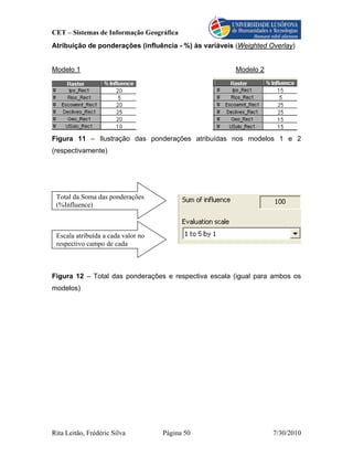 CET – Sistemas de Informação Geográfica
Atribuição de ponderações (influência - %) às variáveis (Weighted Overlay)


Modelo 1                                               Modelo 2




Figura 11 – Ilustração das ponderações atribuídas nos modelos 1 e 2
(respectivamente)




 Total da Soma das ponderações
 (%Influence)



 Escala atribuída a cada valor no
 respectivo campo de cada



Figura 12 – Total das ponderações e respectiva escala (igual para ambos os
modelos)




Rita Leitão, Frédéric Silva         Página 50                      7/30/2010
 