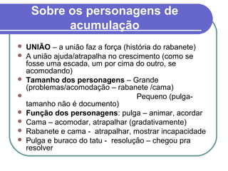Sobre os personagens de
           acumulação
   UNIÃO – a união faz a força (história do rabanete)
   A união ajuda/atrapalha no crescimento (como se
    fosse uma escada, um por cima do outro, se
    acomodando)
   Tamanho dos personagens – Grande
    (problemas/acomodação – rabanete /cama)
                                   Pequeno (pulga-
    tamanho não é documento)
   Função dos personagens: pulga – animar, acordar
   Cama – acomodar, atrapalhar (gradativamente)
   Rabanete e cama - atrapalhar, mostrar incapacidade
   Pulga e buraco do tatu - resolução – chegou pra
    resolver
 