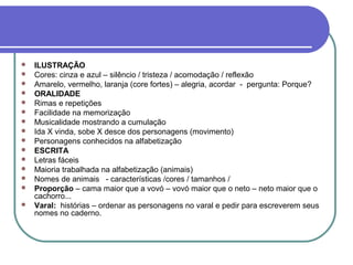    ILUSTRAÇÃO
   Cores: cinza e azul – silêncio / tristeza / acomodação / reflexão
   Amarelo, vermelho, laranja (core fortes) – alegria, acordar - pergunta: Porque?
   ORALIDADE
   Rimas e repetições
   Facilidade na memorização
   Musicalidade mostrando a cumulação
   Ida X vinda, sobe X desce dos personagens (movimento)
   Personagens conhecidos na alfabetização
   ESCRITA
   Letras fáceis
   Maioria trabalhada na alfabetização (animais)
   Nomes de animais - características /cores / tamanhos /
   Proporção – cama maior que a vovó – vovó maior que o neto – neto maior que o
    cachorro...
   Varal: histórias – ordenar as personagens no varal e pedir para escreverem seus
    nomes no caderno.
 