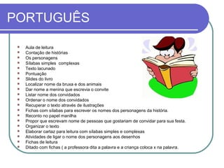 PORTUGUÊS

    Aula de leitura
    Contação de histórias
    Os personagens
    Sílabas simples complexas
    Texto lacunado
    Pontuação
    Slides do livro
    Localizar nome da bruxa e dos animais
    Dar nome a menina que escrevia o convite
    Listar nome dos convidados
    Ordenar o nome dos convidados
    Recuperar o texto através de ilustrações
    Fichas com sílabas para escrever os nomes dos personagens da história.
    Reconto no papel manilha
    Propor que escrevam nome de pessoas que gostariam de convidar para sua festa.
    Organizar o texto
    Elaborar cartaz para leitura com sílabas simples e complexas
    Atividades de ligar o nome dos personagens aos desenhos
    Fichas de leitura
    Ditado com fichas ( a professora dita a palavra e a criança coloca x na palavra.
 