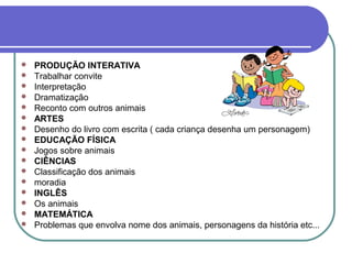    PRODUÇÃO INTERATIVA
   Trabalhar convite
   Interpretação
   Dramatização
   Reconto com outros animais
   ARTES
   Desenho do livro com escrita ( cada criança desenha um personagem)
   EDUCAÇÃO FÍSICA
   Jogos sobre animais
   CIÊNCIAS
   Classificação dos animais
   moradia
   INGLÊS
   Os animais
   MATEMÁTICA
   Problemas que envolva nome dos animais, personagens da história etc...
 