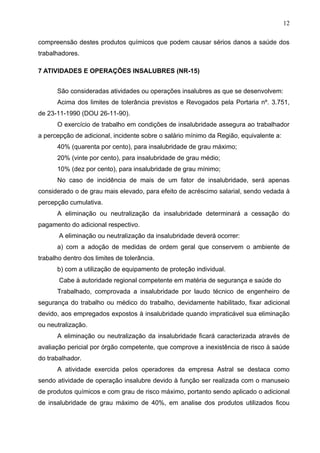 12

compreensão destes produtos químicos que podem causar sérios danos a saúde dos
trabalhadores.

7 ATIVIDADES E OPERAÇÕES INSALUBRES (NR-15)


      São consideradas atividades ou operações insalubres as que se desenvolvem:
      Acima dos limites de tolerância previstos e Revogados pela Portaria nº. 3.751,
de 23-11-1990 (DOU 26-11-90).
      O exercício de trabalho em condições de insalubridade assegura ao trabalhador
a percepção de adicional, incidente sobre o salário mínimo da Região, equivalente a:
      40% (quarenta por cento), para insalubridade de grau máximo;
      20% (vinte por cento), para insalubridade de grau médio;
      10% (dez por cento), para insalubridade de grau mínimo;
      No caso de incidência de mais de um fator de insalubridade, será apenas
considerado o de grau mais elevado, para efeito de acréscimo salarial, sendo vedada à
percepção cumulativa.
      A eliminação ou neutralização da insalubridade determinará a cessação do
pagamento do adicional respectivo.
       A eliminação ou neutralização da insalubridade deverá ocorrer:
      a) com a adoção de medidas de ordem geral que conservem o ambiente de
trabalho dentro dos limites de tolerância.
      b) com a utilização de equipamento de proteção individual.
       Cabe à autoridade regional competente em matéria de segurança e saúde do
      Trabalhado, comprovada a insalubridade por laudo técnico de engenheiro de
segurança do trabalho ou médico do trabalho, devidamente habilitado, fixar adicional
devido, aos empregados expostos à insalubridade quando impraticável sua eliminação
ou neutralização.
      A eliminação ou neutralização da insalubridade ficará caracterizada através de
avaliação pericial por órgão competente, que comprove a inexistência de risco à saúde
do trabalhador.
      A atividade exercida pelos operadores da empresa Astral se destaca como
sendo atividade de operação insalubre devido à função ser realizada com o manuseio
de produtos químicos e com grau de risco máximo, portanto sendo aplicado o adicional
de insalubridade de grau máximo de 40%, em analise dos produtos utilizados ficou
 
