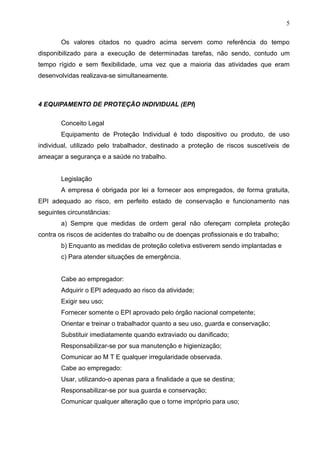 5

       Os valores citados no quadro acima servem como referência do tempo
disponibilizado para a execução de determinadas tarefas, não sendo, contudo um
tempo rígido e sem flexibilidade, uma vez que a maioria das atividades que eram
desenvolvidas realizava-se simultaneamente.



4 EQUIPAMENTO DE PROTEÇÃO INDIVIDUAL (EPI)

       Conceito Legal
       Equipamento de Proteção Individual é todo dispositivo ou produto, de uso
individual, utilizado pelo trabalhador, destinado a proteção de riscos suscetíveis de
ameaçar a segurança e a saúde no trabalho.


       Legislação
       A empresa é obrigada por lei a fornecer aos empregados, de forma gratuita,
EPI adequado ao risco, em perfeito estado de conservação e funcionamento nas
seguintes circunstâncias:
       a) Sempre que medidas de ordem geral não ofereçam completa proteção
contra os riscos de acidentes do trabalho ou de doenças profissionais e do trabalho;
       b) Enquanto as medidas de proteção coletiva estiverem sendo implantadas e
       c) Para atender situações de emergência.


       Cabe ao empregador:
       Adquirir o EPI adequado ao risco da atividade;
       Exigir seu uso;
       Fornecer somente o EPI aprovado pelo órgão nacional competente;
       Orientar e treinar o trabalhador quanto a seu uso, guarda e conservação;
       Substituir imediatamente quando extraviado ou danificado;
       Responsabilizar-se por sua manutenção e higienização;
       Comunicar ao M T E qualquer irregularidade observada.
       Cabe ao empregado:
       Usar, utilizando-o apenas para a finalidade a que se destina;
       Responsabilizar-se por sua guarda e conservação;
       Comunicar qualquer alteração que o torne impróprio para uso;
 