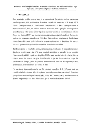Avaliação do estado fitossanitário de árvores individuais nos povoamentos de Khaya
nyasica e Eucalyptus saligna na mata da Namaacha
10
Elaborado por Maúnze, Becha, Nhiuane, Maxlhaieie, Homo e Tureva.
5 DISCUSSÃO
Dos resultados obtidos nota-se que, o povoamento de Eucalyptus saligna na área de
estudo apresenta uma percentagem de ataque elevada, na ordem de 74%, sendo 62 %
destes correspondentes a Phoracantha semipunctata e 38% correspondentes a
Leptocybe invasa, mas em relação ao nível de ataque pela Leptocybe invasa pode-se
considerar este valor como razoável por se encontrar abaixo da encontrada nos estudos
feitos por Santos (2009) que mostraram uma percentagem de infestação de Eucalyptus
saligna por esta praga na ordem de 50%. Este facto pode ser resultante da fenologia da
planta hospedeira que pode influenciar o desenvolvimento e densidade do insecto
devido à quantidade e qualidade dos recursos alimentares oferecidos.
Tendo em conta os resultados acima, referentes às percentagens de ataque (infestação)
da Khaya nyasica que é de 63%; este resultado considera-se elevado, o que segundo
Newton et al.; (1993) citado por Capitão (2007), pode ser derivado da relação directa
entre a altura das plantas e o grau de infestação, o que vai de acordo com o que foi
observado no campo, pois, as plantas inspeccionadas eram as de regeneração não
estabelecida, com uma altura não acima de 4 m.
No que tange à densidade das larvas, foi estimada na ordem de 0.1957, que pode ser
considerada baixa devido à localização da plantação numa floresta natural, facto este
que pode ser sustentado por Alves (2004) citado por Capitão (2007), ao afirmar que as
plantas em plantação são mais atacadas do que as plantas em florestas nativas.
 
