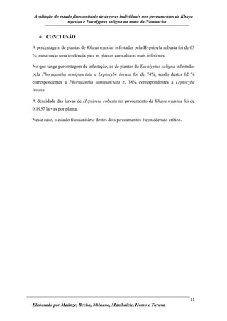 Avaliação do estado fitossanitário de árvores individuais nos povoamentos de Khaya
nyasica e Eucalyptus saligna na mata da Namaacha
11
Elaborado por Maúnze, Becha, Nhiuane, Maxlhaieie, Homo e Tureva.
6 CONCLUSÃO
A percentagem de plantas de Khaya nyasica infestadas pela Hypsipyla robusta foi de 63
%, mostrando uma tendência para as plantas com alturas mais inferiores.
No que tange percentagem de infestação, as de plantas de Eucalyptus saligna infestadas
pela Phoracantha semipunctata e Leptocybe invasa foi de 74%, sendo destes 62 %
correspondentes a Phoracantha semipunctata e, 38% correspondentes a Leptocybe
invasa.
A densidade das larvas de Hypsipyla robusta no povoamento da Khaya nyasica foi de
0.1957 larvas por planta.
Neste caso, o estado fitossanitário destes dois povoamentos é considerado crítico.
 