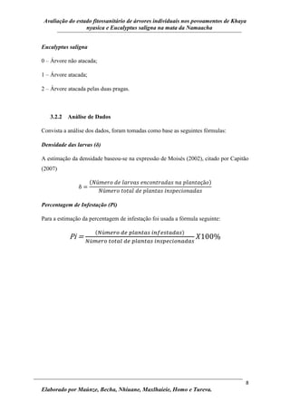 Avaliação do estado fitossanitário de árvores individuais nos povoamentos de Khaya
nyasica e Eucalyptus saligna na mata da Namaacha
8
Elaborado por Maúnze, Becha, Nhiuane, Maxlhaieie, Homo e Tureva.
Eucalyptus saligna
0 – Árvore não atacada;
1 – Árvore atacada;
2 – Árvore atacada pelas duas pragas.
3.2.2 Análise de Dados
Convista a análise dos dados, foram tomadas como base as seguintes fórmulas:
Densidade das larvas (δ)
A estimação da densidade baseou-se na expressão de Moisés (2002), citado por Capitão
(2007)
( )
Percentagem de Infestação (Pi)
Para a estimação da percentagem de infestação foi usada a fórmula seguinte:
Pi =
( )
 
