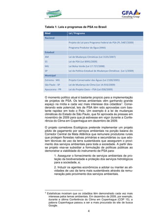 Tabela 1: Leis e programas de PSA no Brasil

Nível                 Lei / Programa
Nacional
                      Projeto de Lei para Programa Federal de PSA (PL 5487/2009)
                      Programa Produtor de Água (ANA)
Estadual
AM                    Lei de Mudanças Climáticas (Lei 3135/2007)
ES                    Lei de PSA (Lei 8995/2009)
MG                    Lei Bolsa Verde (Lei 17.727/2008)
SP                    Lei da Política Estadual de Mudanças Climáticas (Lei 1/2009)
Municipal
Extrema - MG          Projeto Conservador das Águas (Lei 2100/2005)
São Paulo - SP        Lei de Mudança do Clima (Lei 14.933/2009)
Apucarana - PR        Lei do Projeto Oasis – PSA (Lei 058/2009)


O momento político atual é bastante propício para a implementação
de projetos de PSA. Os temas ambientais vêm ganhando grande
espaço na mídia e cada vez mais interesse dos cidadãos1. Consi-
derando este potencial, leis de PSA têm sido aprovadas com bas-
tante rapidez em todo o País. Um exemplo é a lei de mudanças
climáticas do Estado de São Paulo, que foi aprovada às pressas em
novembro de 2009 para que já estivesse em vigor durante a Confe-
rência do Clima em Copenhague em dezembro de 2009.

O projeto corredores Ecológicos pretende implementar um projeto
piloto de pagamento por serviços ambientais na porção baiana do
Corredor Central da Mata Atlântica que remunere produtores rurais
que protejam florestas nativas primárias e secundárias ou que ado-
tem técnicas de uso da terra sustentáveis que assegurem o provi-
mento dos serviços ambientais para toda a sociedade. A partir des-
se projeto visa-se subsidiar a formulação de políticas públicas ao
demonstrar a viabilidade do instrumento de PSA para:
           1. Assegurar o fornecimento de serviços ambientais de pro-
           teção da biodiversidade e proteção dos serviços hidrológicos
           para a sociedade, e;
           2. Induzir os agentes econômicos a adotar ou manter as ati-
           vidades de uso da terra mais sustentáveis através da remu-
           neração pelo provimento dos serviços ambientais.




1   Estatísticas mostram que os cidadãos têm demonstrado cada vez mais
     interesse pelos temas ambientais. Em dezembro de 2009, por exemplo,
     durante a última Conferência do Clima em Copenhague (COP 15), a
     palavra Copenhague passou a ser a mais procurada do site de busca
     Google.

                                       4
 