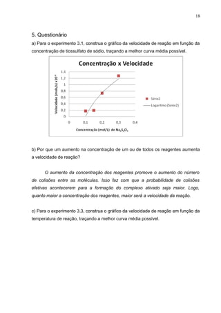 5. Questionário
a) Para o experimento 3.1, construa o gráfico da velocidade de reação em função da
concentração de tiossulfato de sódio, traçando a melhor curva média possível.
b) Por que um aumento na concentração de um ou de todos os reagentes aumenta
a velocidade de reação?
O aumento da concentração dos reagentes promove o aumento do número
de colisões entre as moléculas. Isso faz com que a probabilidade de colisões
efetivas acontecerem para a formação do complexo ativado seja maior. Logo,
quanto maior a concentração dos reagentes, maior será a velocidade da reação.
c) Para o experimento 3.3, construa o gráfico da velocidade de reação em função da
temperatura de reação, traçando a melhor curva média possível.
18
 