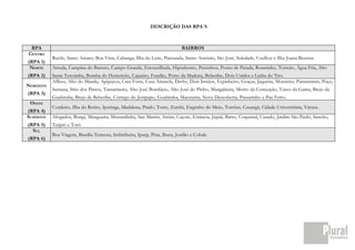 DESCRIÇÃO DAS RPA´S



 RPA                                                                        BAIRROS
CENTRO
           Recife, Santo Amaro, Boa Vista, Cabanga, Ilha do Leite, Paissandu, Santo Antônio, São José, Soledade, Coelhos e Ilha Joana Bezerra.
(RPA 1)
 NORTE     Arruda, Campina do Barreto, Campo Grande, Encruzilhada, Hipódromo, Peixinhos, Ponto de Parada, Rosarinho, Torreão, Água Fria, Alto
(RPA 2)    Santa Terezinha, Bomba do Hemetério, Cajueiro, Fundão, Porto da Madeira, Beberibe, Dois Unidos e Linha do Tiro.
           Aflitos, Alto do Mandu, Apipucos, Casa Forte, Casa Amarela, Derby, Dois Irmãos, Espinheiro, Graças, Jaqueira, Monteiro, Parnamirim, Poço,
NOROESTE
           Santana, Sítio dos Pintos, Tamarineira, Alto José Bonifácio, Alto José do Pinho, Mangabeira, Morro da Conceição, Vasco da Gama, Brejo da
(RPA 3)
           Guabiraba, Brejo de Beberibe, Córrego do Jenipapo, Guabiraba, Macaxeira, Nova Descoberta, Passarinho e Pau Ferro.
 OESTE
           Cordeiro, Ilha do Retiro, Iputinga, Madalena, Prado, Torre, Zumbi, Engenho do Meio, Torrões, Caxangá, Cidade Universitária, Várzea.
(RPA 4)
SUDOESTE   Afogados, Bongi, Mangueira, Mustardinha, San Martin, Areias, Caçote, Estância, Jiquiá, Barro, Coqueiral, Curado, Jardim São Paulo, Sancho,
(RPA 5)    Tejipió e Totó.
  SUL
           Boa Viagem, Brasília Teimosa, Imbiribeira, Ipsep, Pina, Ibura, Jordão e Cohab.
(RPA 6)
 