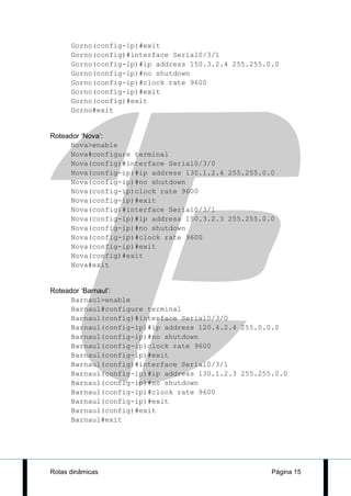 Gorno(config-ip)#exit
      Gorno(config)#interface Serial0/3/1
      Gorno(config-ip)#ip address 150.3.2.4 255.255.0.0
      Gorno(config-ip)#no shutdown
      Gorno(config-ip)#clock rate 9600
      Gorno(config-ip)#exit
      Gorno(config)#exit
      Gorno#exit


Roteador ‘Nova’:
      Nova>enable
      Nova#configure terminal
      Nova(config)#interface Serial0/3/0
      Nova(config-ip)#ip address 130.1.2.4 255.255.0.0
      Nova(config-ip)#no shutdown
      Nova(config-ip)clock rate 9600
      Nova(config-ip)#exit
      Nova(config)#interface Serial0/3/1
      Nova(config-ip)#ip address 150.3.2.3 255.255.0.0
      Nova(config-ip)#no shutdown
      Nova(config-ip)#clock rate 9600
      Nova(config-ip)#exit
      Nova(config)#exit
      Nova#exit


Roteador ‘Barnaul’:
      Barnaul>enable
      Barnaul#configure terminal
      Barnaul(config)#interface Serial0/3/0
      Barnaul(config-ip)#ip address 120.4.2.4 255.0.0.0
      Barnaul(config-ip)#no shutdown
      Barnaul(config-ip)clock rate 9600
      Barnaul(config-ip)#exit
      Barnaul(config)#interface Serial0/3/1
      Barnaul(config-ip)#ip address 130.1.2.3 255.255.0.0
      Barnaul(config-ip)#no shutdown
      Barnaul(config-ip)#clock rate 9600
      Barnaul(config-ip)#exit
      Barnaul(config)#exit
      Barnaul#exit




Rotas dinâmicas                                      Página 15
 