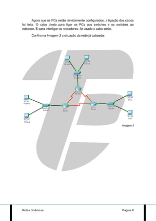 Agora que os PCs estão devidamente configurados, a ligação dos cabos
foi feita. O cabo direto para ligar os PCs aos switches e os switches ao
roteador. E para interligar os roteadores, foi usado o cabo serial.

      Confira na Imagem 3 a situação da rede já cabeada:




                                                                    Imagem 3




Rotas dinâmicas                                                     Página 8
 