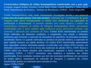 Características biológicas de células hematopoiéticas transfectadas com o gene egfp.  Leonardo Augusto Karam Teixeira, Cecília Matte Fricke, Camila Ilgenfritz e Nance Beyer Nardi. Departamento de Genética – Instituto de Biociências, UFRGS – Porto Alegre/RS. Células hematopoiéticas estão sendo intensamente investigadas devido a seu potencial como alvo de terapia gênica. Tem sido mostrado entretanto que a transferência de genes exógenos pode alterar biologicamente as células alvo, diminuindo sua capacidade de proliferação e diferenciação.  O presente trabalho teve como objetivo a análise das características biológicas de células da linhagem hematopoiética K562, previamente transfectadas com o gene repórter egfp ( enhanced green fluorescent protein ), cuja expressão é detectada por citometria de fluxo.  Células K562 transfectadas ou normais foram cultivadas em diferentes condições, e comparadas com relação a diferentes parâmetros que incluiram a expressão de marcadores de superfície. Os principais resultados encontrados foram: (1) quando cultivadas na ausência de pressão seletiva, a expressão do gene repórter mostrou um rápido declínio; (2) células K562 transfectadas apresentaram uma capacidade mitótica diminuída quando co-cultivadas com células K562 normais, em diferentes concentrações; e (3) os níveis das moléculas de adesão CD11c, CD31 (baixo) e CD49e (alto) não foram afetados pela transfecção, enquanto a baixa expressão dos marcadores CD62L e CD117 mostraram uma tendência a aumentar nas células transfectadas. Estes resultados mostram que dois dos principais problemas dos protocolos de terapia gênica, manutenção da expressão do transgene e expansão das células transfectadas, podem ser analisados para correção in vitro. Apoio: CNPq, FINEP 