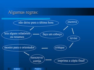Algumas regras: não deixe para a última hora faça um esboço critique escreva revise reescreva/ corrija mostre para o orientador leia alguns relatórios ou resumos imprima a cópia final! 