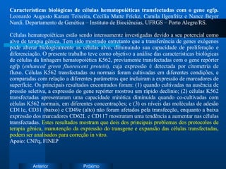 Características biológicas de células hematopoiéticas transfectadas com o gene egfp.  Leonardo Augusto Karam Teixeira, Cecília Matte Fricke, Camila Ilgenfritz e Nance Beyer Nardi. Departamento de Genética – Instituto de Biociências, UFRGS – Porto Alegre/RS. Células hematopoiéticas estão sendo intensamente investigadas devido a seu potencial como alvo de terapia gênica. Tem sido mostrado entretanto que a transferência de genes exógenos pode alterar biologicamente as células alvo, diminuindo sua capacidade de proliferação e diferenciação. O presente trabalho teve como objetivo a análise das características biológicas de células da linhagem hematopoiética K562, previamente transfectadas com o gene repórter egfp ( enhanced green fluorescent protein ), cuja expressão é detectada por citometria de fluxo. Células K562 transfectadas ou normais foram cultivadas em diferentes condições, e comparadas com relação a diferentes parâmetros que incluiram a expressão de marcadores de superfície. Os principais resultados encontrados foram: (1) quando cultivadas na ausência de pressão seletiva, a expressão do gene repórter mostrou um rápido declínio; (2) células K562 transfectadas apresentaram uma capacidade mitótica diminuída quando co-cultivadas com células K562 normais, em diferentes concentrações; e (3) os níveis das moléculas de adesão CD11c, CD31 (baixo) e CD49e (alto) não foram afetados pela transfecção, enquanto a baixa expressão dos marcadores CD62L e CD117 mostraram uma tendência a aumentar nas células transfectadas.  Estes resultados mostram que dois dos principais problemas dos protocolos de terapia gênica, manutenção da expressão do transgene e expansão das células transfectadas, podem ser analisados para correção in vitro. Apoio: CNPq, FINEP 