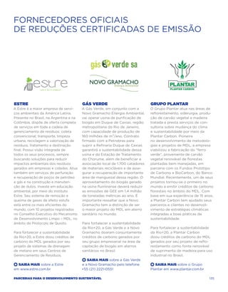 FORNECEDORES OFICIAIS
de Reduções Certificadas de Emissão




Estre                                   Gás Verde                             Grupo Plantar
A Estre é a maior empresa de servi-     A Gás Verde, em conjunto com a        O Grupo Plantar atua nas áreas de
ços ambientais da América Latina.       Novo Gramacho Energia Ambiental,      reflorestamento, siderurgia, produ-
Presente no Brasil, na Argentina e na   vai operar usina de purificação de    ção de carvão vegetal e madeira
Colômbia, dispõe de oferta completa     biogás em Duque de Caxias, região     tratada e presta serviços de con-
de serviços em toda a cadeia de         metropolitana do Rio de Janeiro,      sultoria sobre mudança do clima
gerenciamento de resíduos: coleta       com capacidade de produção de         e sustentabilidade por meio da
convencional, transporte, limpeza       160 milhões de m³/ano. Contrato       Plantar Carbon. Pioneira
urbana, reciclagem e valorização de     firmado com a Petrobras para          no desenvolvimento de metodolo-
resíduos, tratamento e destinação       suprir a Refinaria Duque de Caxias    gias e projetos de MDL, a empresa
final. Possui visão integrada de        garantirá a sustentabilidade dessa    viabilizou a fabricação do “ferro
todos os seus processos, sempre         usina e da Estação de Tratamento      verde”, proveniente de carvão
buscando soluções para reduzir          do Chorume, além de beneficiar a      vegetal renovável de florestas
impactos ambientais dos resíduos        associação local de 1.700 catadores   plantadas bem manejadas, em
gerados em empresas e cidades. Atua     de materiais recicláveis e de asse-   parceria com os Fundos Protótipo
também em serviços de perfuração        gurar a recuperação de importante     de Carbono e BioCarbon, do Banco
e recuperação de poços de petróleo      área de manguezal dessa região. O     Mundial. Recentemente, um de seus
e gás e na construção e manuten-        aproveitamento do biogás gerado       projetos tornou-se o primeiro no
ção de dutos. Investe em educação       na usina fluminense deverá reduzir    mundo a emitir créditos de carbono
ambiental, por meio do Instituto        as emissões de GEE em 1,4 milhão      florestais no âmbito do MDL. Com
Estre. Seu sistema de remoção e         de toneladas métricas ao ano. É       base em sua experiência de 15 anos,
queima de gases de efeito estufa        importante ressaltar que a Novo       a Plantar Carbon tem ajudado seus
está entre os mais eficientes do        Gramacho tem a distinção de ser       parceiros e clientes no desenvol-
mundo, com 10 projetos registrados      o maior projeto do MDL em aterro      vimento de estratégias climáticas
no Conselho Executivo do Mecanismo      sanitário no mundo.                   integradas a boas práticas da
de Desenvolvimento Limpo – MDL, no                                            sustentabilidade.
âmbito do Protocolo de Quioto.          Para fortalecer a sustentabilidade
                                        da Rio+20, a Gás Verde e a Novo       Para fortalecer a sustentabilidade
Para fortalecer a sustentabilidade      Gramacho doaram conjuntamente         da Rio+20, a Plantar Carbon
da Rio+20, a Estre doou créditos de     créditos de carbono gerados por       doou créditos de carbono do MDL
carbono do MDL gerados por seu          seu grupo empresarial na área de      gerados por seu projeto de reflo-
projeto de sistemas de drenagem         captação de biogás em aterros         restamento como fonte renovável
de metano em seus Centros de            sanitários no Brasil.                 de suprimento de madeira para uso
Gerenciamento de Resíduos.                                                    industrial no Brasil.
                                        +  Saiba Mais sobre a Gás Verde
+  Saiba Mais sobre a Estre             e a Novo Gramacho pelo telefone       +  Saiba Mais sobre o Grupo
em www.estre.com.br                     +55 (21) 2221-0551                    Plantar em www.plantar.com.br

Parcerias para o Desenvolvimento Sustentável                                                                  135
 