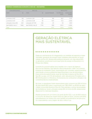 Energia conservada durante a Rio+20 – Riocentro


        Convencional                     Rio+20                                     Redução
Item                     W     Item                      W     Quantidade      Potência     Consumo
                                                                                   (kW)        (kWh)


Luminária 4x32          128    Luminária LED             54             381         28,2         4.511
Luminária 2x32           64    Luminária 2x28            56            1.921         15,4       2.459
Lâmpada mista 250       250    Lâmpada HIT 150          160              87           7,8        1.253
Split 18000, Selo C    1.880   Split 18000, Selo B     1.755           828          103,5       8.280
Total                                                                 3.217         154,9      16.503




                                                Geração elétrica
                                                mais sustentável


                                                Dadas as características do megaevento e as medidas de segurança imple-
                                                mentadas, geradores de energia foram instalados para atender às neces-
                                                sidades da Rio+20. Abastecidos preferencialmente com óleo diesel B20,
                                                os geradores constituíram a principal fonte de energia no Riocentro e no
                                                Parque dos Atletas.

                                                Somente foi possível adotar essa medida com o apoio da Agência
                                                Nacional do Petróleo, Gás Natural e Biocombustíveis– ANP e do Instituto
                                                Estadual do Ambiente (Inea), responsáveis por conceder, respectivamente,
                                                autorização e licença ambiental específicas para o uso de biocombus-
                                                tíveis acima da especificação usual de mercado (à época da Rio+20, o
                                                tipo B5, ou seja, com 5% de biodiesel), além das parcerias firmadas com a
                                                BR Distribuidora e a Petrobras, fornecedores do combustível utilizado e de
                                                consultoria técnica especializada.

                                                No total, os geradores foram responsáveis pelo consumo de 334 mil litros
                                                de óleo diesel B20, para o suprimento de 1.780 MWh, ou 85,6% da eletri-
                                                cidade consumida durante a Rio+20. Para atender a outras necessidades
                                                da Conferência, foram utilizados ainda 200 mil litros de B5, amplamente
                                                disponível no mercado brasileiro.

                                                Medida pioneira em um evento do porte da Rio+20, o uso de B20 reduziu
                                                o consumo de diesel de origem fóssil em 280 mil litros, volume suficiente
                                                para abastecer um ônibus por mais de 800 mil quilômetros de percurso,
                                                ou o equivalente a uma viagem de ida e volta à Lua.




logística e sustentabilidade                                                                                            51
 