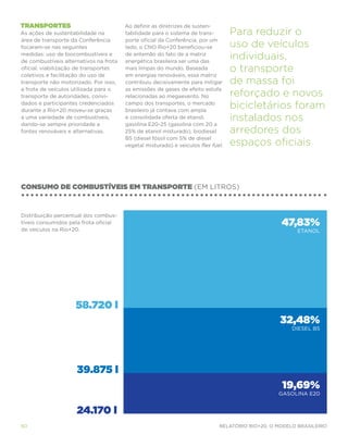 Transportes                             Ao definir as diretrizes de susten-
As ações de sustentabilidade na         tabilidade para o sistema de trans-        Para reduzir o
área de transporte da Conferência       porte oficial da Conferência, por um
focaram-se nas seguintes                lado, o CNO Rio+20 beneficiou-se           uso de veículos
medidas: uso de biocombustíveis e
de combustíveis alternativos na frota
                                        de antemão do fato de a matriz
                                        energética brasileira ser uma das
                                                                                   individuais,
oficial, viabilização de transportes
coletivos e facilitação do uso de
                                        mais limpas do mundo. Baseada
                                        em energias renováveis, essa matriz
                                                                                   o transporte
transporte não motorizado. Por isso,    contribuiu decisivamente para mitigar      de massa foi
a frota de veículos utilizada para o    as emissões de gases de efeito estufa
transporte de autoridades, convi-       relacionadas ao megaevento. No             reforçado e novos
dados e participantes credenciados
durante a Rio+20 moveu-se graças
                                        campo dos transportes, o mercado
                                        brasileiro já contava com ampla
                                                                                   bicicletários foram
a uma variedade de combustíveis,
dando-se sempre prioridade a
                                        e consolidada oferta de etanol,
                                        gasolina E20-25 (gasolina com 20 a
                                                                                   instalados nos
fontes renováveis e alternativas.       25% de etanol misturado), biodiesel        arredores dos
                                        B5 (diesel fóssil com 5% de diesel
                                        vegetal misturado) e veículos flex fuel.   espaços oficiais



consumo de combustíveis em transporte (em litros)



Distribuição percentual dos combus-
tíveis consumidos pela frota oficial                                                               47,83%
de veículos na Rio+20.                                                                                  etanol




                     58.720 l
                                                                                                  32,48%
                                                                                                      diesel b5




                     39.875 l
                                                                                                   19,69%
                                                                                                  gasolina e20


                     24.170 l
60                                                                            Relatório Rio+20, o Modelo Brasileiro
 