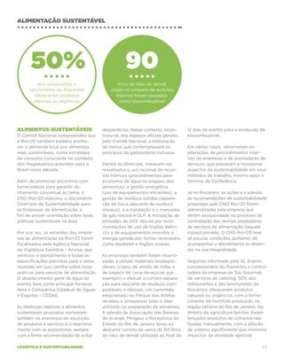 alimentação sustentável




      50%                                           90
          dos restaurantes e                    litros de óleo de dendê
      lanchonetes do Riocentro               usado no preparo de quitutes
        ofereceram produtos                     baianos foram reusados
        naturais ou orgânicos                    como biocombustível




Alimentos sustentáveis                   desperdícios. Nesse contexto, incen-     12 dias de evento para a produção de
O Comitê Nacional compreendeu que        tivou-se, nos espaços oficiais geridos   biocombustível.
a Rio+20 também poderia promo-           pelo Comitê Nacional, a elaboração
ver a demanda local por alimentos        de menus que contemplassem os            Em vários casos, observaram-se
mais sustentáveis, numa estratégia       princípios da gastronomia inclusiva.     alterações de procedimentos inter-
de consumo consciente no contexto                                                 nos de empresas e de prestadores de
dos megaeventos previstos para o         Dentre as diretrizes, merecem ser        serviços, que passaram a incorporar
Brasil nesta década.                     ressaltados o uso racional de recur-     aspectos da sustentabilidade em seus
                                         sos hídricos (procedimentos para         métodos de trabalho, mesmo após o
Além de promover encontros com           economia de água no preparo dos          término da Conferência.
fornecedores para garantir ali-          alimentos); a gestão energética
nhamento conceitual ao tema, o           (uso de equipamentos eficientes); a      Já no Riocentro, as ações e a adesão
CNO Rio+20 elaborou o documento          gestão de resíduos sólidos (separa-      às recomendações de sustentabilidade
Diretrizes de Sustentabilidade para      ção de lixo e descarte de resíduos       propostas pelo CNO Rio+20 foram
as Empresas de Alimentação, a            oleosos); e a instalação e o manuseio    administradas pela empresa que
fim de prover orientação sobre boas      de gás natural e GLP. A mitigação de     detém exclusividade no processo de
práticas sustentáveis na área.           emissões de GEE deu-se por reco-         contratação das demais prestadoras
                                         mendações de uso de fogões elétri-       de serviços de alimentação naquele
Por sua vez, os estandes das empre-      cos e de equipamentos movidos a          espaço privado. O CNO Rio+20 teve
sas de alimentação da Rio+20 foram       energia gerada por fontes renováveis,    ali poucas condições, portanto, de
fiscalizados pela Agência Nacional       como biodiesel e fogões solares.         acompanhar o atendimento às diretri-
de Vigilância Sanitária – Anvisa, que                                             zes na sua integralidade.
verificou o atendimento a todas as       As empresas também foram incenti-
especificações previstas para o setor,   vadas a utilizar materiais biodegra-     Segundo informado pela GL Events,
reunidas em sua cartilha sobre boas      dáveis (copos de amido de milho e        concessionária do Riocentro e contro-
práticas para serviços de alimentação.   de bagaço de cana-de-açúcar, por         ladora da empresa de Top Gourmet,
O abastecimento geral de água do         exemplo) e efetuar a correta separa-     de serviços de catering, 50% dos
evento teve como principal fornece-      ção para descarte de resíduos com-       restaurantes e das lanchonetes do
dora a Companhia Estadual de Águas       postáveis e oleosos. Um caminhão         Riocentro ofereceram produtos
e Esgotos – CEDAE.                       estacionado no Parque dos Atletas        naturais ou orgânicos, com o forne-
                                         recebeu e armazenou todo o óleo          cimento de hortifrúti produzido na
As diretrizes relativas a alimentos      utilizado na preparação de alimentos.    região serrana do Rio de Janeiro. No
sustentáveis propostas nortearam         A adesão da Associação das Baianas       âmbito da agricultura familiar, foram
também os processos de aquisição         de Acarajé, Mingaus e Receptivos do      lançados produtos de colheitas rea-
de produtos e serviços e o relaciona-    Estado do Rio de Janeiro levou ao        lizadas manualmente, com a adoção
mento com os expositores, sempre         descarte correto de cerca de 90 litros   de sistema agroflorestal que minimiza
com a firme recomendação de evitar       do óleo de dendê utilizado ao final de   impactos da atividade agrícola.

logística e sustentabilidade                                                                                        63
 