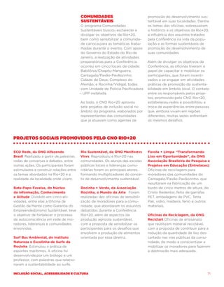 Comunidades                             promoção do desenvolvimento sus-
                                          Sustentáveis                            tentável em suas localidades. Dentre
                                          O programa Comunidades                  os temas das oficinas, sobressaíram
                                           Sustentáveis buscou esclarecer e       o histórico e os objetivos da Rio+20,
                                           divulgar os objetivos da Rio+20,       a influência dos assuntos tratados
                                           bem como sensibilizar a comunida-      pela Conferência na vida da popu-
                                           de carioca para as temáticas traba-    lação e as formas sustentáveis de
                                           lhadas durante o evento. Com apoio     promoção do desenvolvimento de
                                           do Governo do Estado do Rio de         suas comunidades.
                                          Janeiro, a realização de atividades
                                           preparatórias para a Conferência       Além de divulgar os objetivos da
                                           ocorreu em cinco locais da cidade:     Conferência, as oficinas tiveram o
                                           Babilônia/Chapéu-Mangueira;            papel de capacitar e mobilizar os
                                           Cantagalo/Pavão-Pavãozinho;            participantes, que foram incenti-
                                           Cidade de Deus; Complexo do            vados a se engajar em atividades
                                          Alemão; e Rocinha/Vidigal, todas        práticas de promoção da sustenta-
                                           com Unidade de Polícia Pacificadora    bilidade em âmbito local. O contato
                                          – UPP instalada.                        entre os responsáveis pelos proje-
                                                                                  tos, promovido pelo CNO Rio+20,
                                          Ao todo, o CNO Rio+20 aprovou           estabeleceu redes e possibilitou a
                                          sete projetos de inclusão social no     troca de experiências entre pessoas
                                          âmbito do programa, elaborados por      que, embora vivam em regiões
                                          representantes das comunidades          diferentes, muitas vezes enfrentam
                                          que já atuavam como agentes de          os mesmos desafios.




Projetos sociais promovidos pelo CNO Rio+20


ECO Rede, da ONG Alfazendo                Rio Sustentável, da ONG Manifestvs      Favela + Limpa “Transformando
Brasil Realizado a partir de palestras,   Visvs Reproduziu a Rio+20 nas           Lixo em Oportunidade”, da ONG
rodas de conversas e debates, entre       comunidades. Os alunos das escolas      Associação Brasileira de Pesquisa e
outras ações. Os participantes foram      públicas locais e lideranças comu-      Projetos em Educação (Entrelaces)
estimulados a construir relações entre    nitárias foram os principais atores,    Oficinas de reciclagem para
os temas abordados na Rio+20 e a          formando multiplicadores do concei-     moradores das comunidades do
realidade da localidade onde vivem.       to de desenvolvimento sustentável.      Cantagalo/Pavão-Pavãozinho, que
                                                                                  resultaram na fabricação de um
Bate-Papo Favelas, do Núcleo              Rocinha + Verde, da Associação          busto de cinco metros de altura, do
de Informação, Conhecimento               Rocinha, o Mundo da Arte  Foram         Cristo Redentor, feito de garrafas
e Atitude Dividido em cinco ati-          realizadas dez oficinas de sensibili-   PET, embalagens de PVC, Tetra
vidades, entre elas a Oficina de          zação de moradores para a comu-         Pak, vidro, madeira, ferro e outros
Gestão da Mente como Garantia do          nidade, que abordaram os assuntos       materiais.
Empreendedorismo Sustentável, teve        debatidos durante a Conferência
o objetivo de fortalecer o processo       Rio+20, além de aspectos da             Oficinas de Reciclagem, da ONG
de autoconsciência em rede de mo-         produção agrícola sustentável,          Reciclart Oficinas de artesanato
radores, lideranças e comunidades         com a proposta de sensibilizar os       que reutilizam material reciclável,
envolvidas.                               participantes para os desafios que      com a proposta de contribuir para a
                                          envolvem a produção de alimentos        redução da quantidade de lixo des-
Surf Bus Ambiental, do Instituto          orientada por essa diretriz.            cartado nas vias públicas da comu-
Natureza e Escolinha de Surfe da                                                  nidade, de modo a conscientizar e
Rocinha Estimulou a prática de                                                    mobilizar os moradores para fazerem
esportes marítimos. A oficina foi                                                 a destinação mais adequada.
desenvolvida por um biólogo e um
professor, com palestras que relacio-
naram a sustentabilidade ao surfe.

Inclusão social, acessibilidade e cultura                                                                             71
 