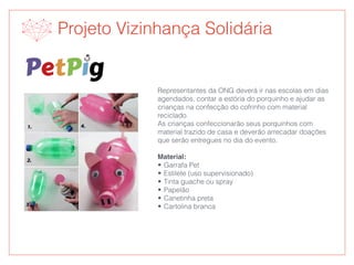 Representantes da ONG deverá ir nas escolas em dias
agendados, contar a estória do porquinho e ajudar as
crianças na confecção do cofrinho com material
reciclado.
As crianças confeccionarão seus porquinhos com
material trazido de casa e deverão arrecadar doações
que serão entregues no dia do evento.
Material:
• Garrafa Pet
• Estilete (uso supervisionado)
• Tinta guache ou spray
• Papelão
• Canetinha preta
• Cartolina branca
Projeto Vizinhança Solidária
 